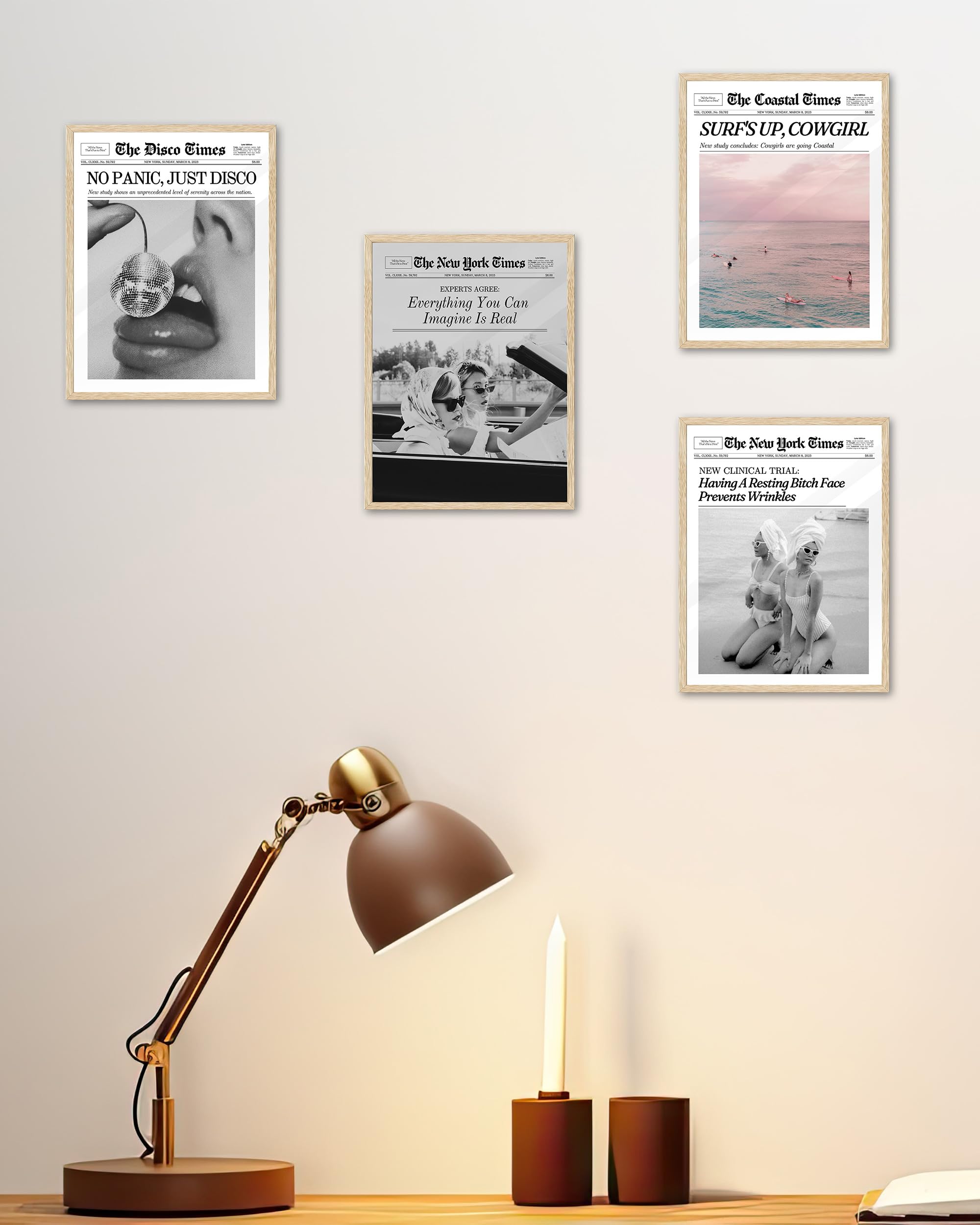 Ihery Small Framed Trendy Coastal Cowgirl Newspaper Wall Art Prints,Beige Oak Wood 8X10In Canvas Wall Decor For Bedroom,Western