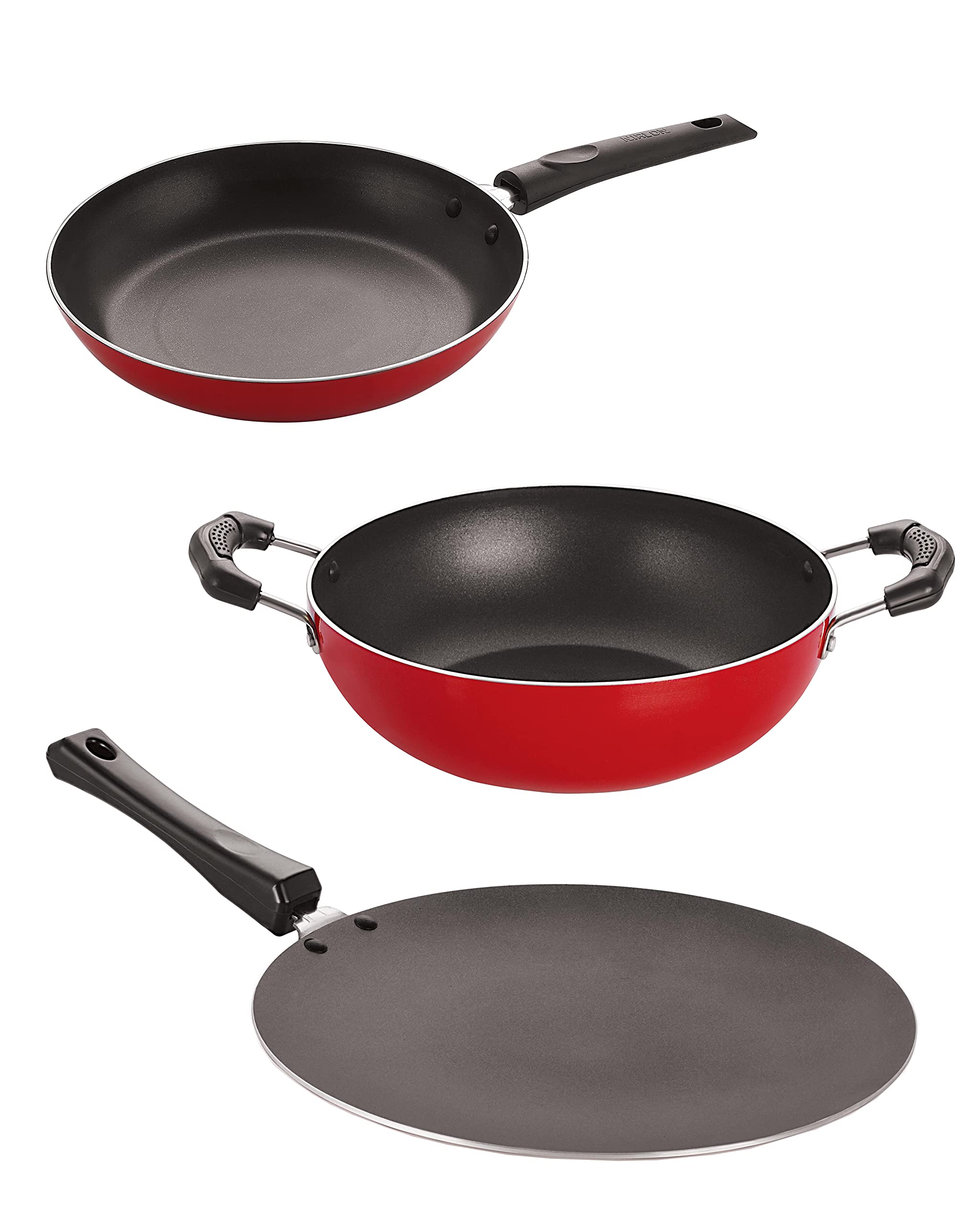 Nirlon Nonstick 3Layer Combo Cookware Set 1 Roti Tawa Pan 28.5 Cm, 1 Kadai 1.5 Ltr, 1 Tapper Pan 20 Cm Aluminium  Red & Black 