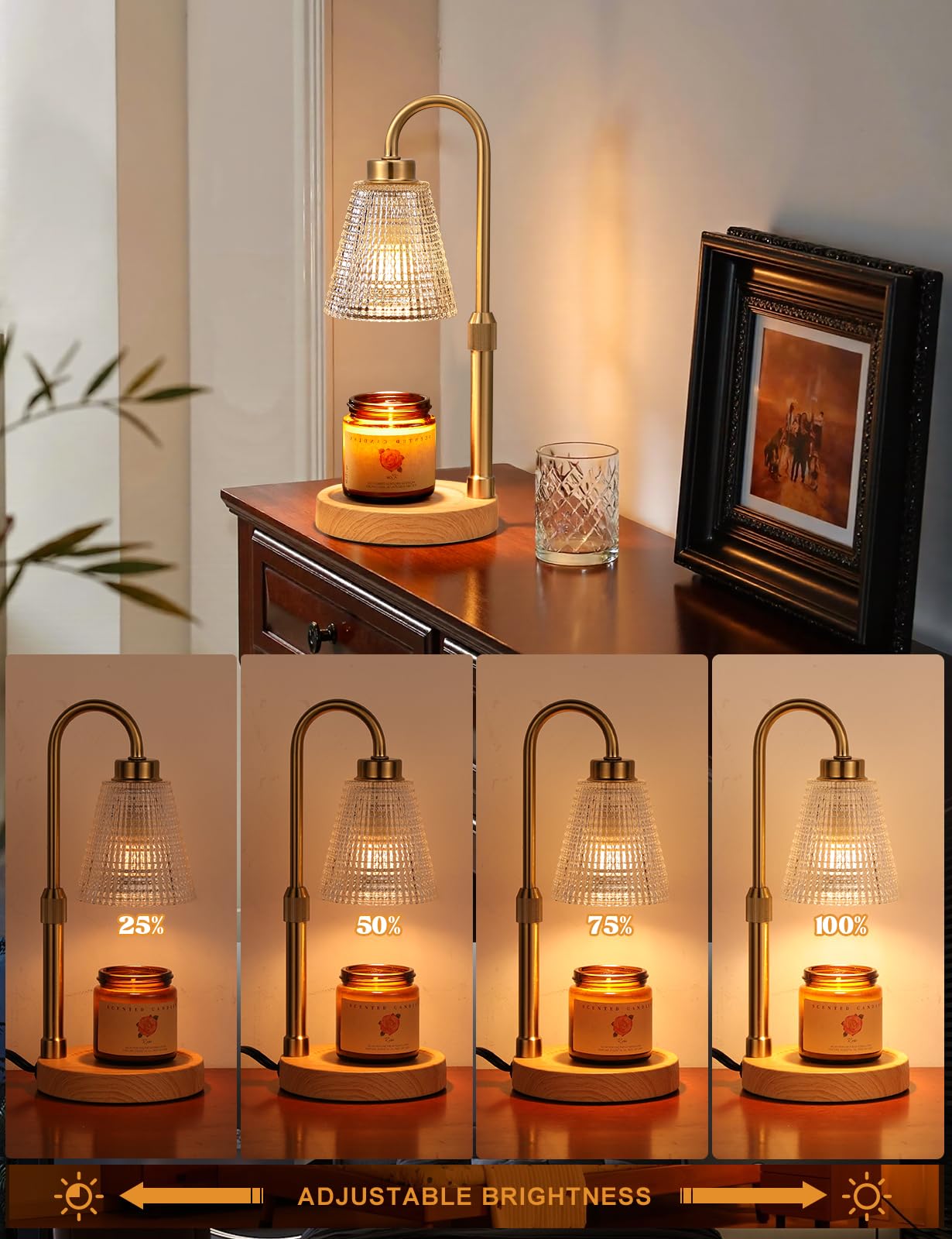 Innqoo Wood Color& Clear Candle Warmer Lamp with Timer, Dimmable Candle Warmer for Jar Candles, Height Adjustable Wax Melts Warm