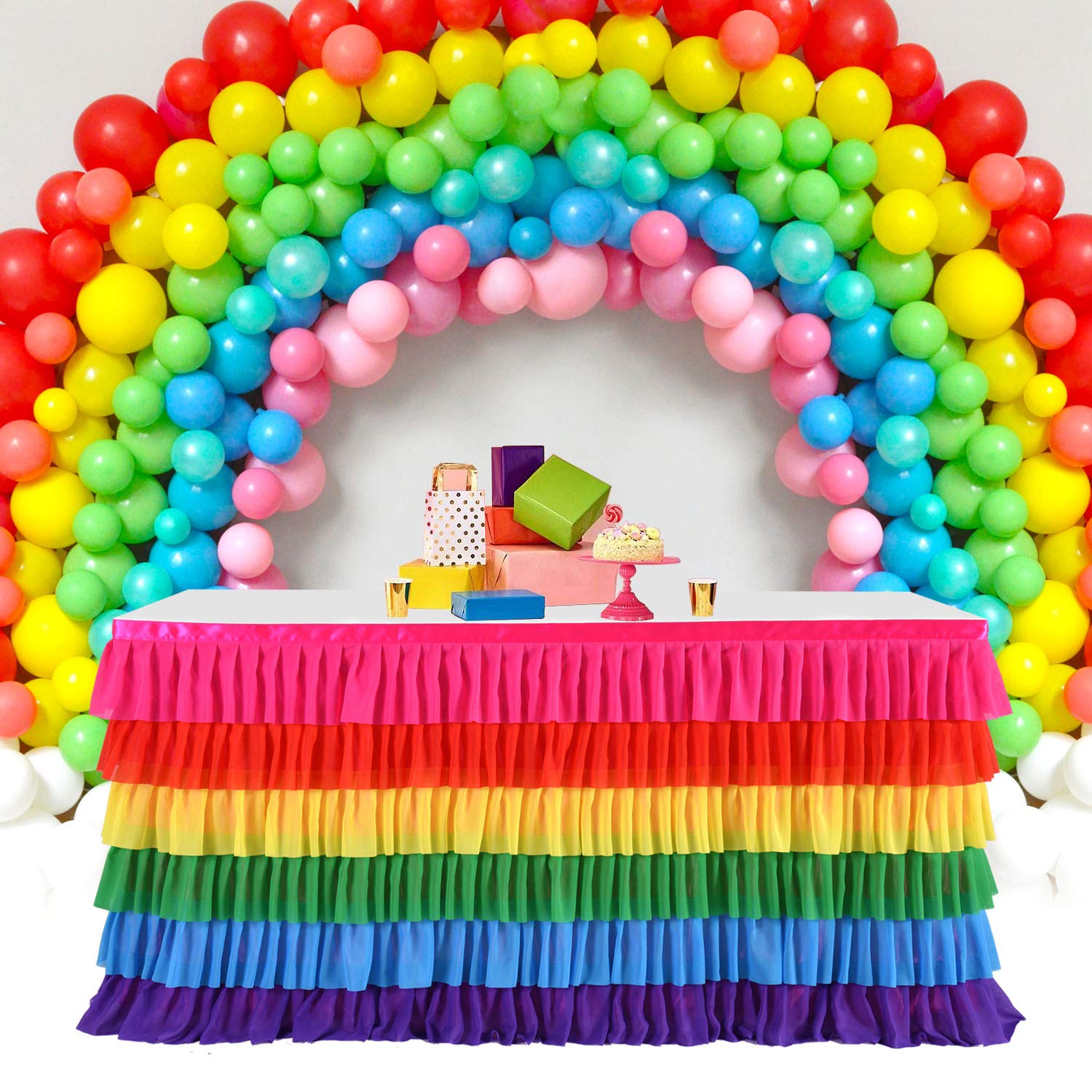 Besutolife Rainbow Tablecloth Ruffle Tutu Table Skirt For Rectangle Table 6Ft Birthday Uincorn Rainbow Party Decoration