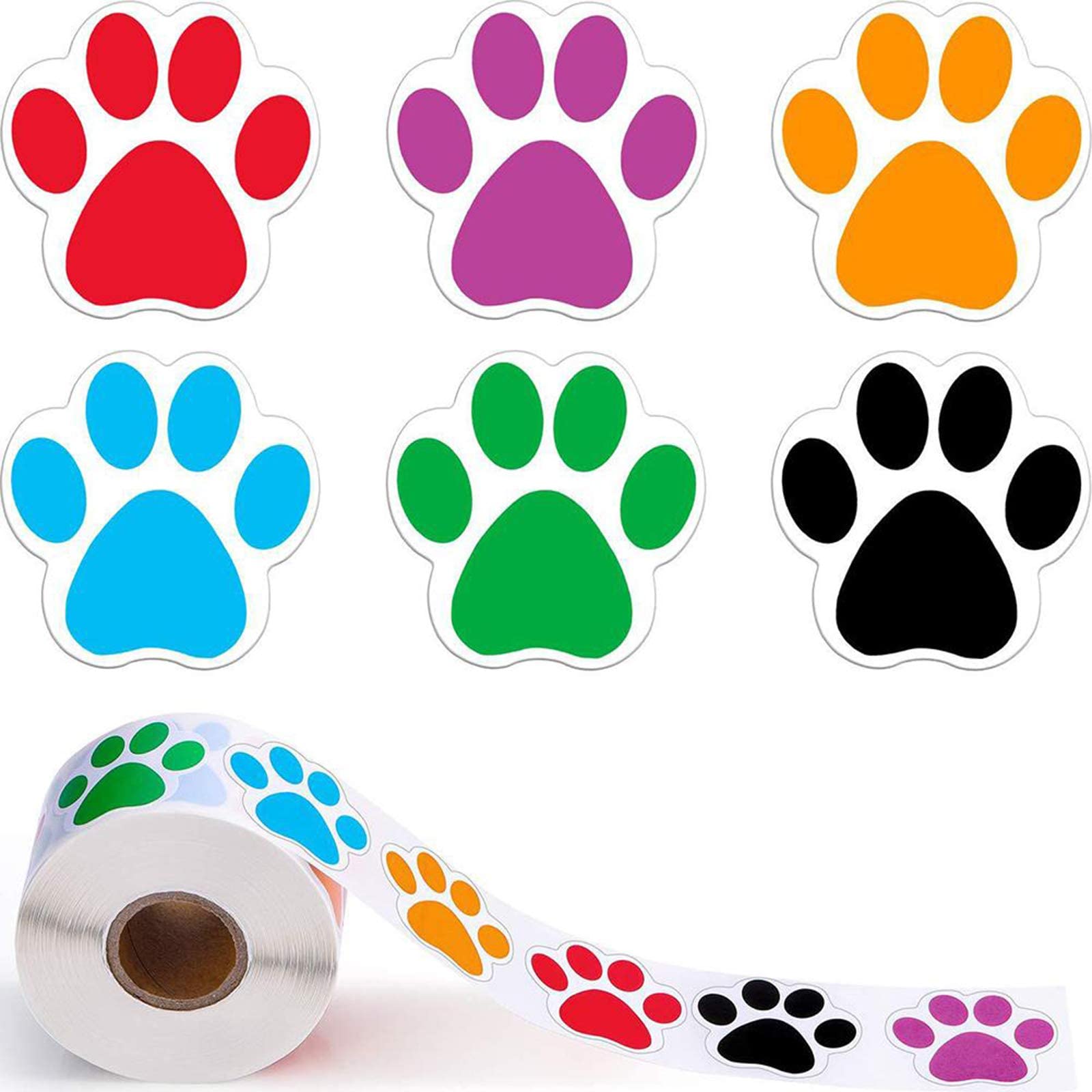 Citihomy Dog Paw Print Stickers Roll Of 500 Piece 1.5Inch Colorful Red Purple Black Cute Small Puppy Paw Labels Stickers For Kid