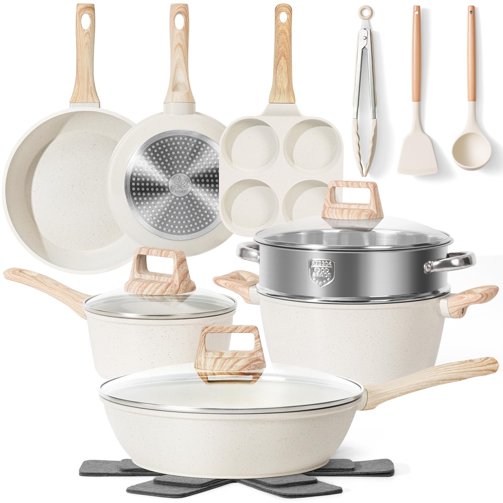 17 Pcs Pots and Pans Set Non stick,Cookware Sets White Granite Induction Cookware, Non-toxic Healthy Non Stick Kitchen Cooking S