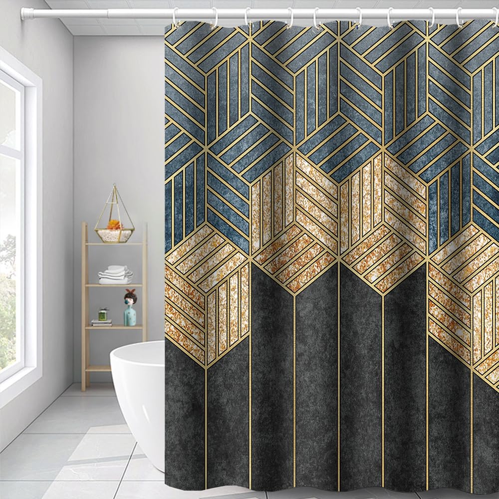 Umpoo Modern Abstract Geometric Shower Curtains 72X72 Inch Gold Lines Hexagon Black Grey Wall Luxury Art Shower Curtain Set With