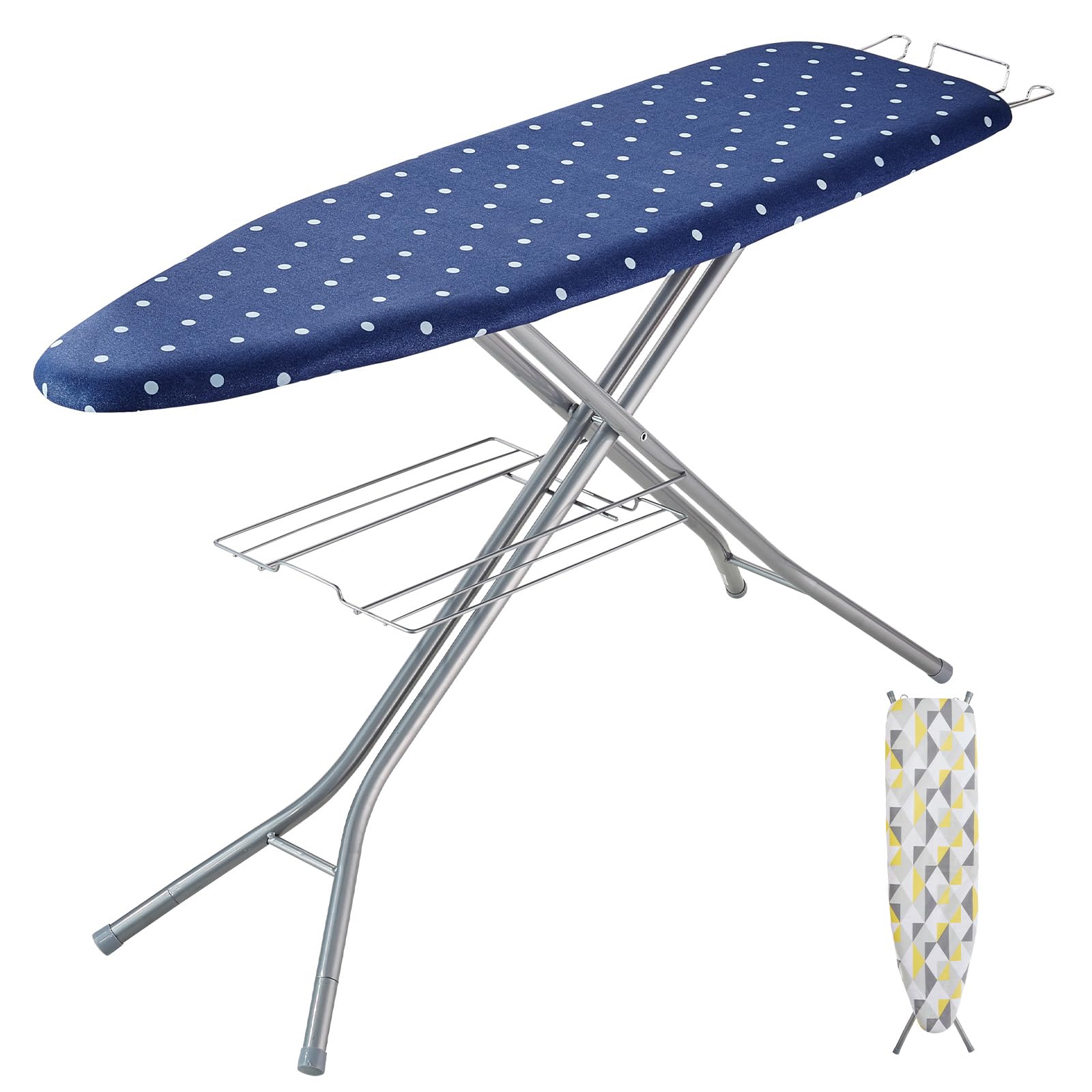 VEVOR Ironing Board with Bottom Storage Tray, Thickened 4 Layers Iron Board with Heat Resistant Cover and 100% Cotton Cover, 10 