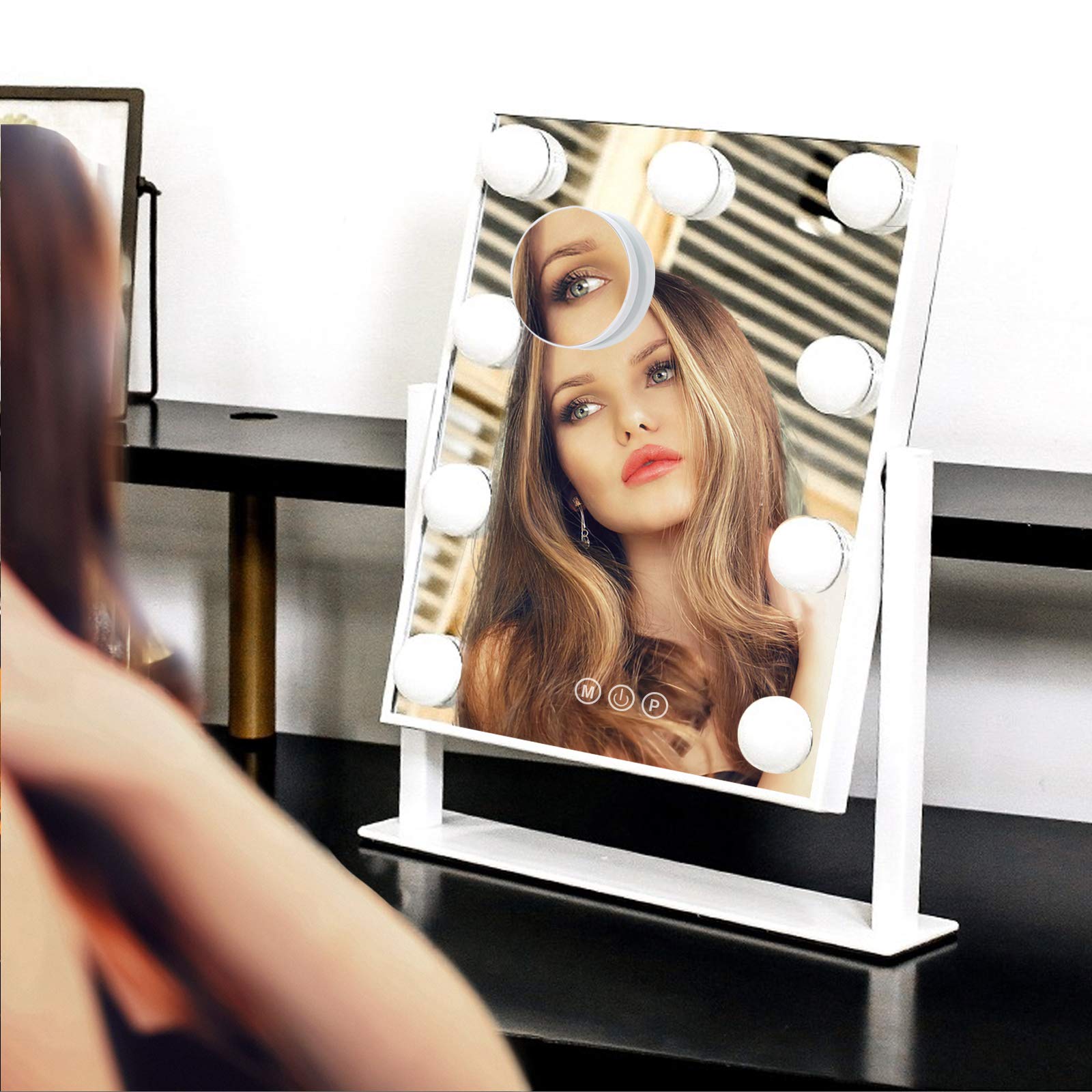 BWLLNI Lighted Makeup Mirror Hollywood Mirror Vanity Mirror with Lights  Touch Control Design 3 Colors Dimable LED Bulbs  Detachable 10X Magnification  360Rotation  White.