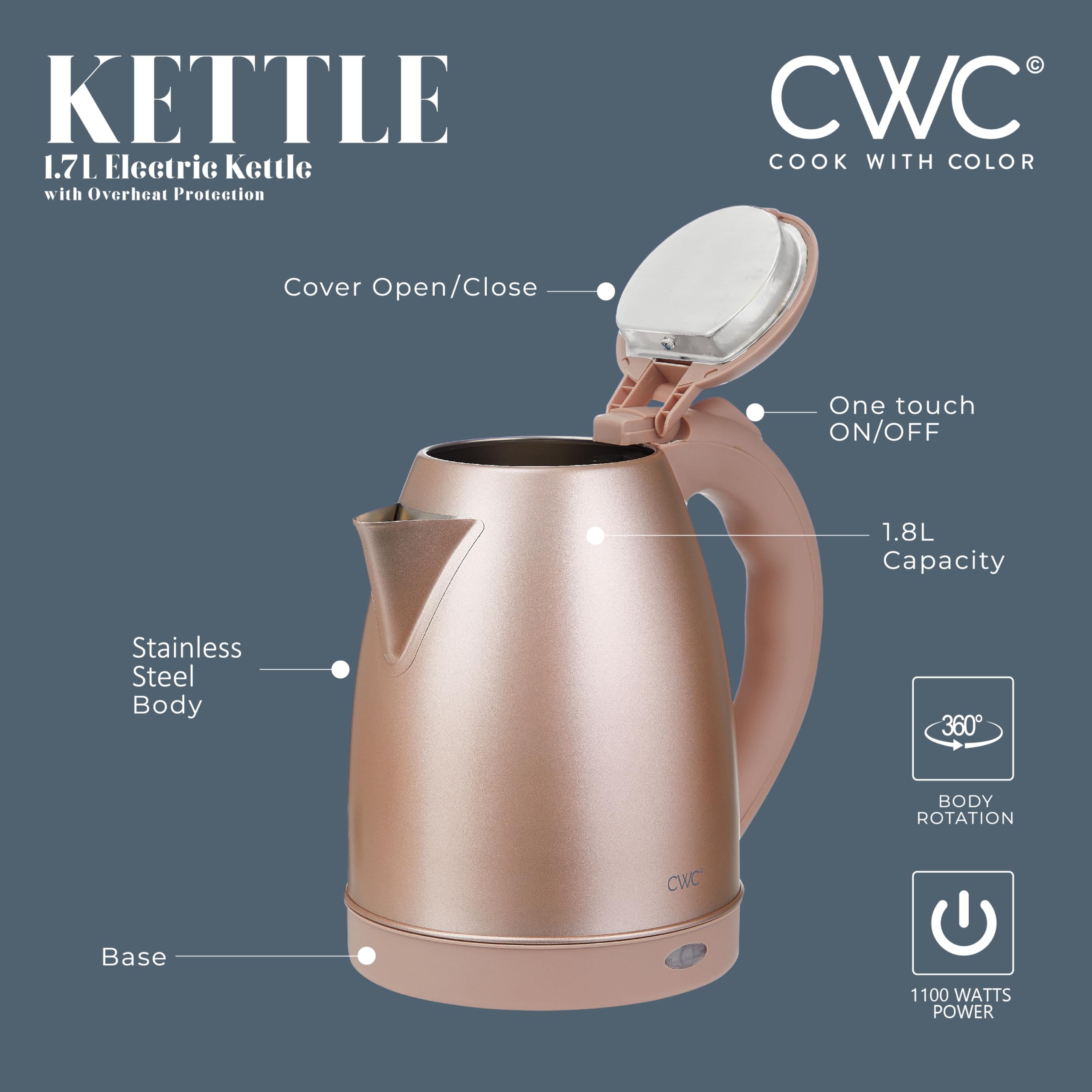 Cook With Color Electric Kettle - 1100W, 1.7L, Fast Boil, Auto Shut-Off, Swivel Base, Stainless Steel, Blush