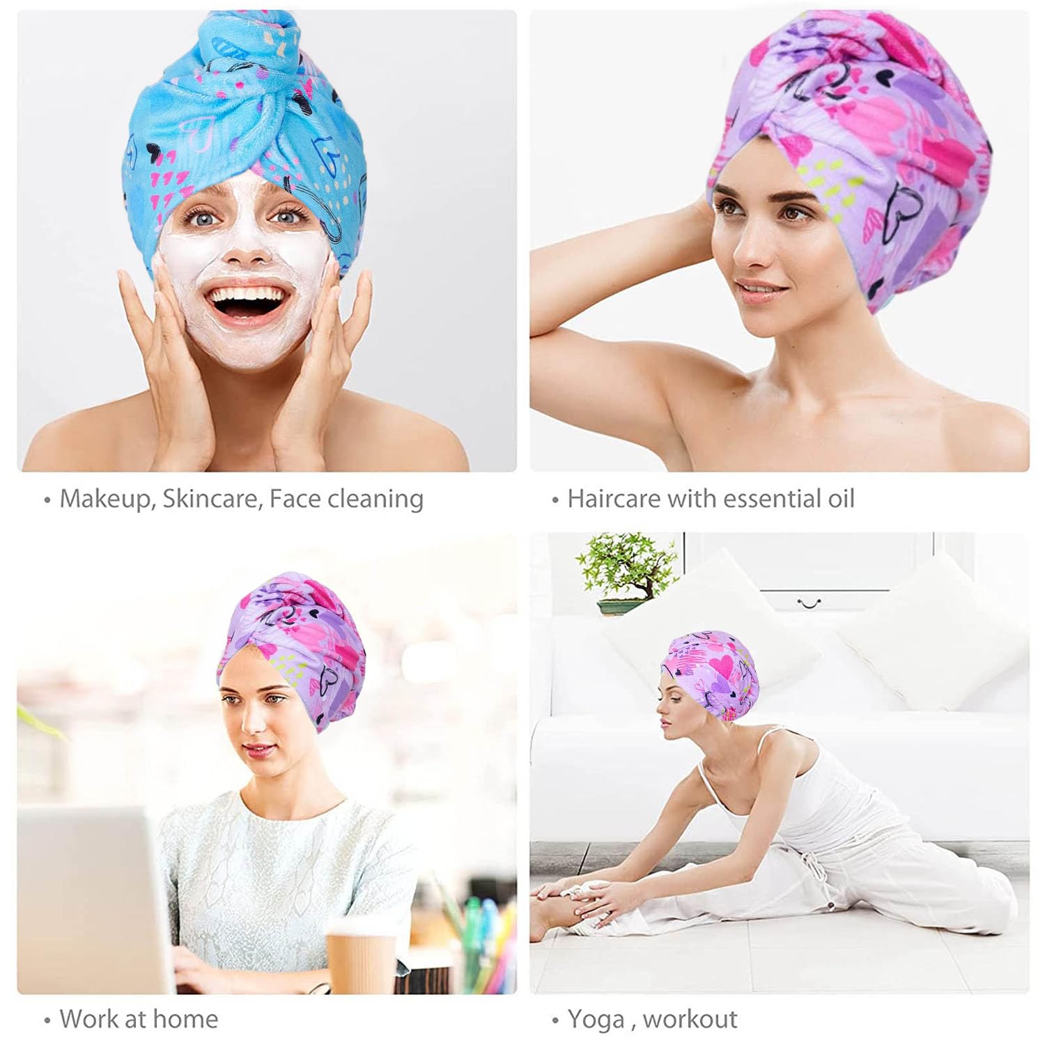 WUBAYI 2Pack Hair Drying Towels-Microfibre Hair Towels-Quick Drying Hair Towels-Uper Absorbent Hair Towel with Button. Designed