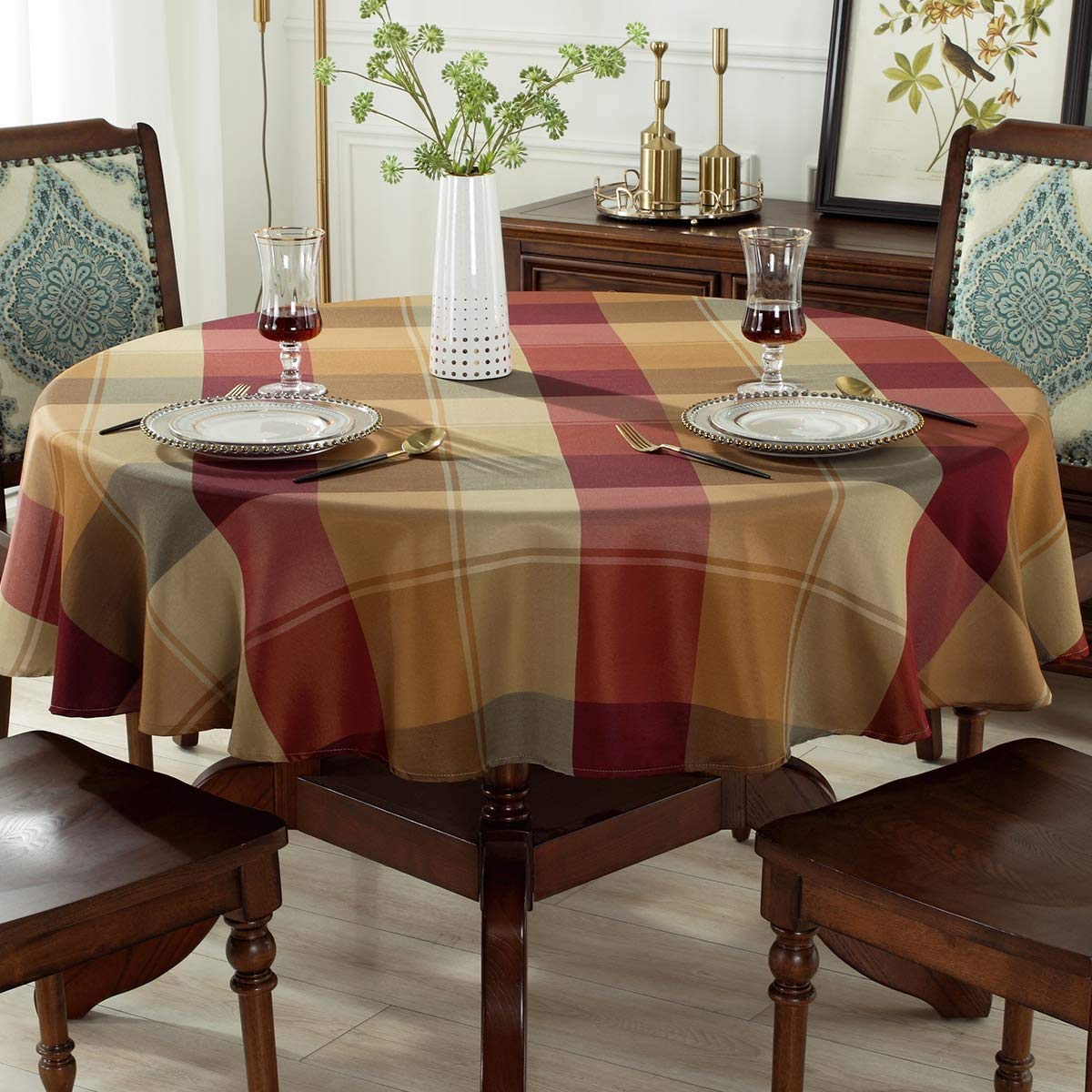 Sastybale Round Tablecloth Checkered Style Polyester Table Cloth Dust-Proof Wrinkle Resistant Heavy Weight Table Cover For Kitch