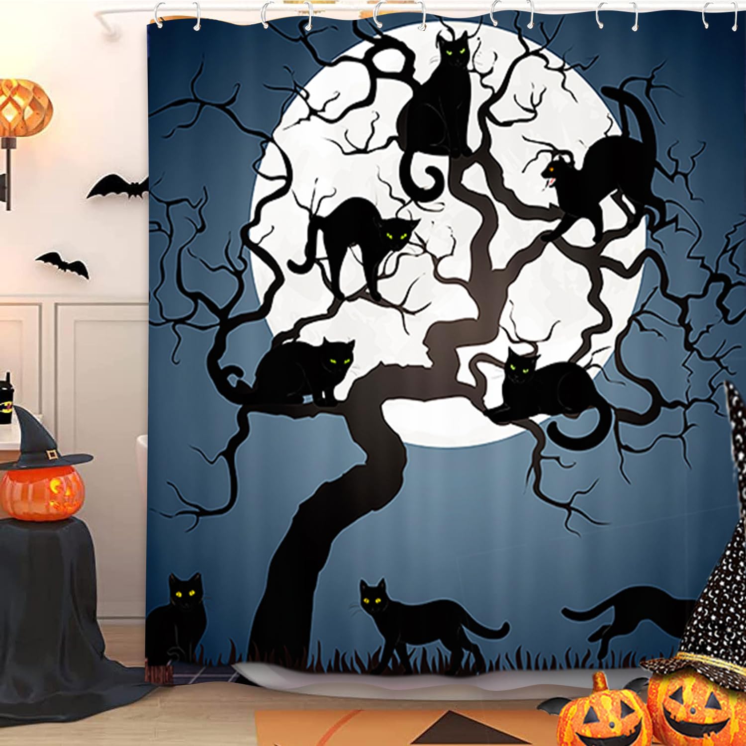 Nymb Halloween Shower Curtain, Bat With Pumpkin For Fall Shower Curtain, Polyester Fabric Waterproof Halloween Shower Curtains F