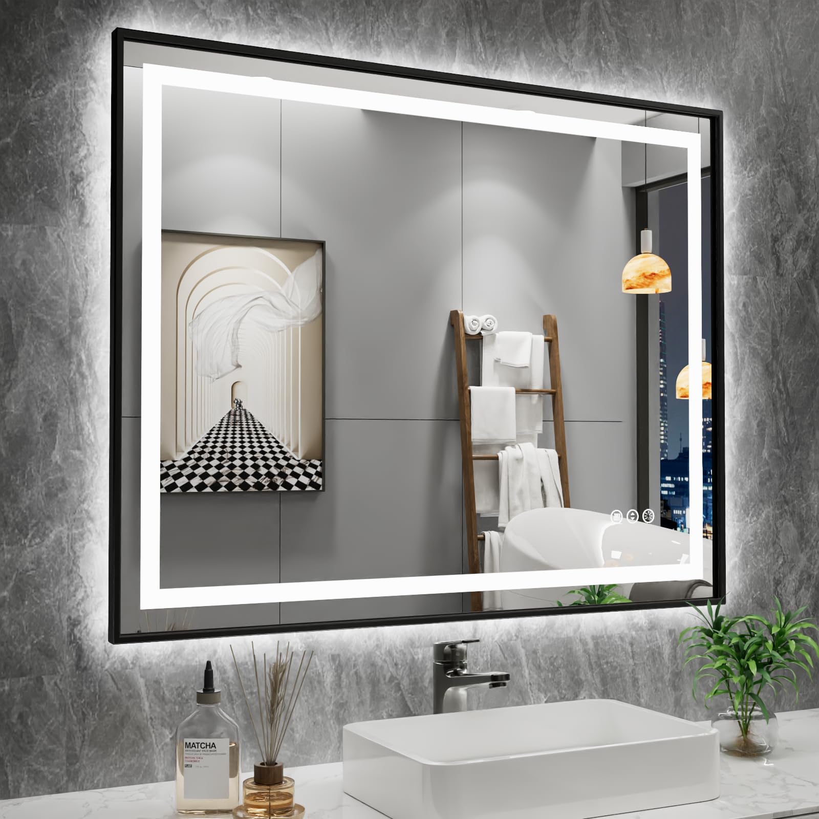 Amorho 40''X 32'' Led Bathroom Mirror With Black Frame, Front Light And Backlit, Stepless Dimmable, Anti-Fog, Shatter-Proof, Mem
