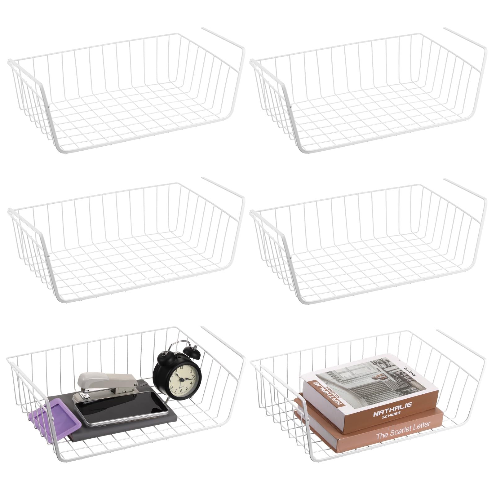 6 Pack Under Shelf Basket, Slide in Wire Hanging Storage Baskets, Slides Under Wire Shelves, Undershelf Hanging Storage Bin Bask