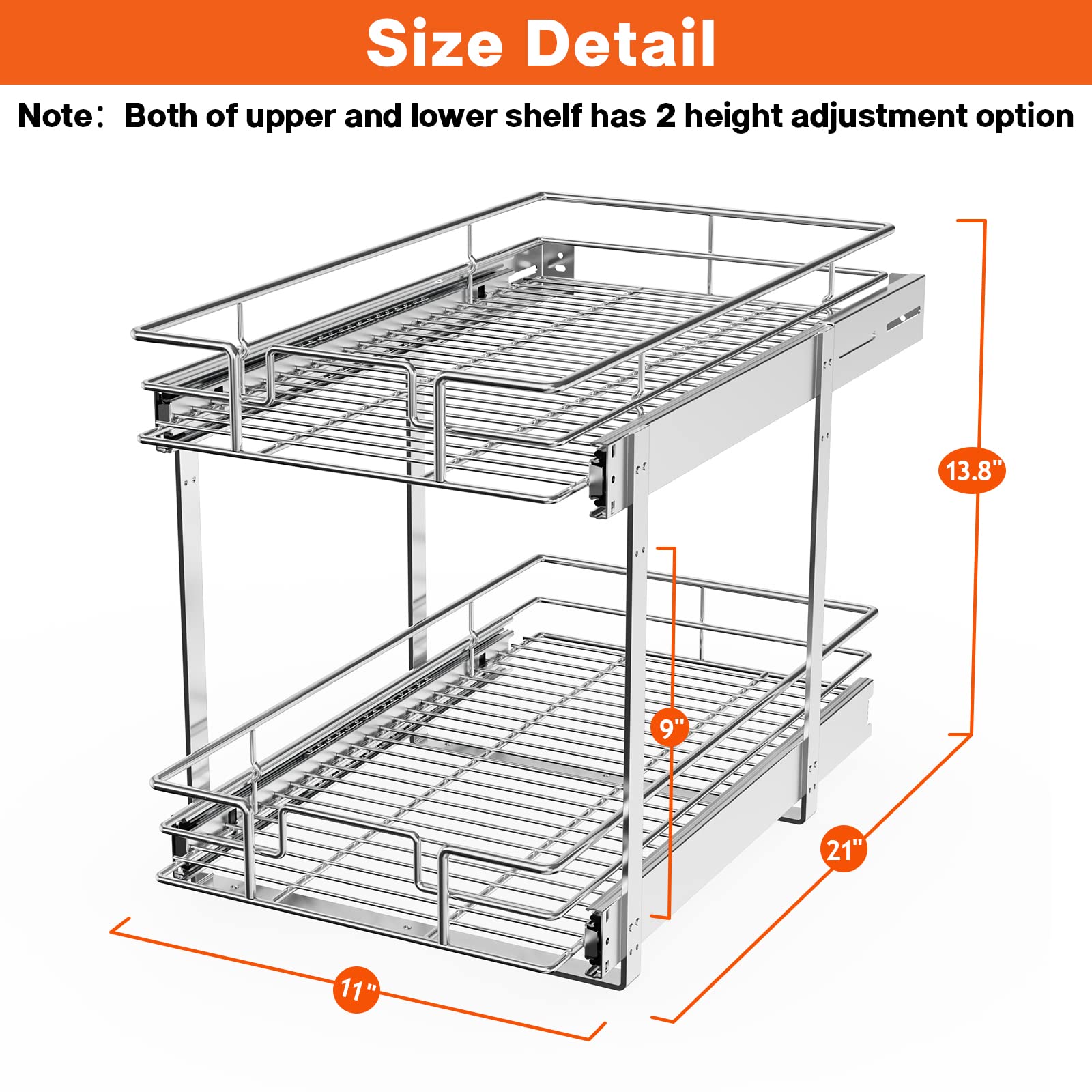 Roomtec Individual Pull Out Cabinet Organizer (11'' W X 21'' D), 2 Tier Spice Rack Organizer For Cabinet, Slide Out Drawer Pantr