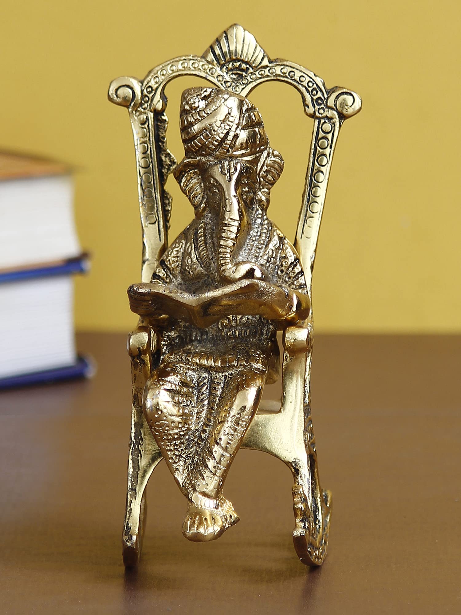 Ecraftindia Golden Metal Lord Ganesha Idol Reading Book On Rocking Chair - Decorative Hindu God Statue For Home Decor - Gift For