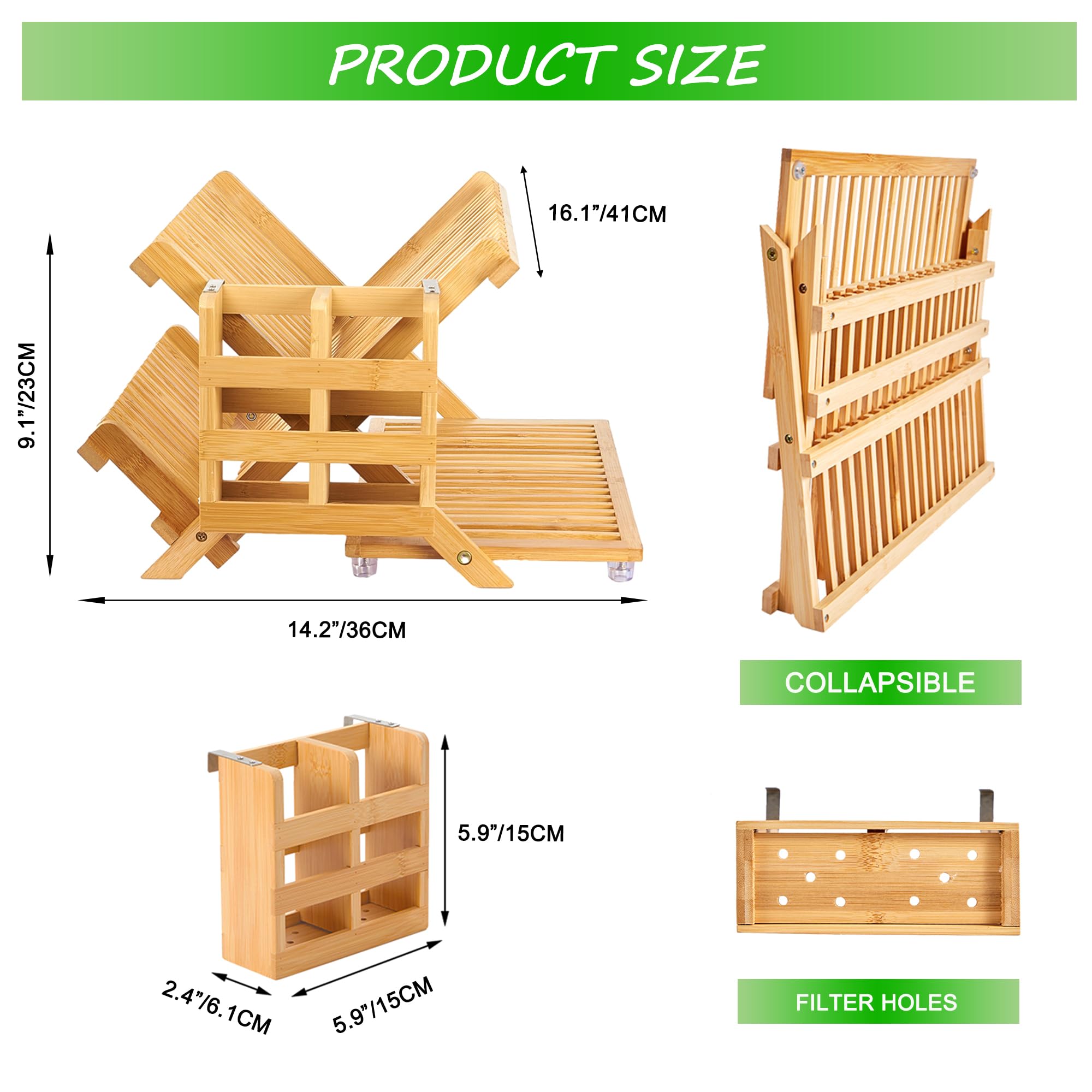 NOVAYEAH Bamboo Dish Drying Rack, 3-Tier Collapsible Utensil Holder, Model DRB01A, Wooden Kitchen Counter Drainer