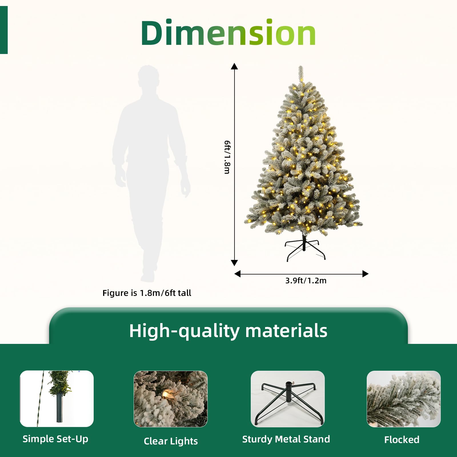 Aovotreena 6ft Pre-Lit Snow Flocked Christmas Tree with 300 White Lights, 840 Full PVC Branch Tips,Mixed Green & White, Hinged Q