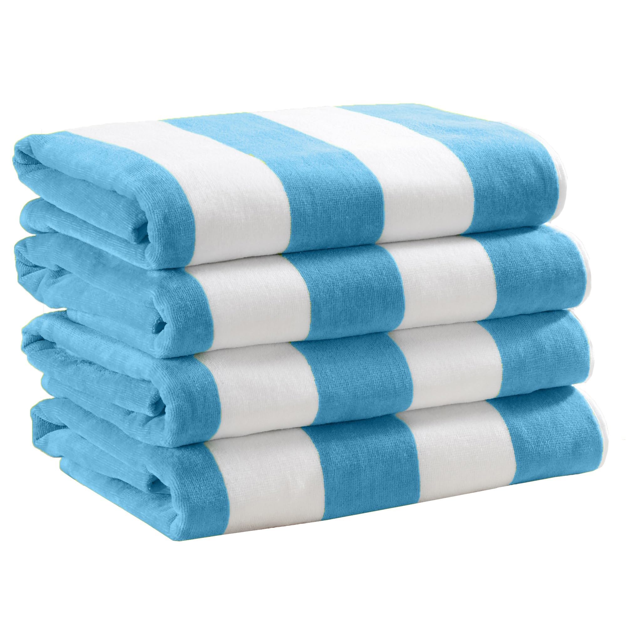 Great Bay Home 100% Cotton Velour 4 Pack Beach Towels | Blue Cabana Stripe Pool Towels | Quick Dry, Large Swim Towels For Adults