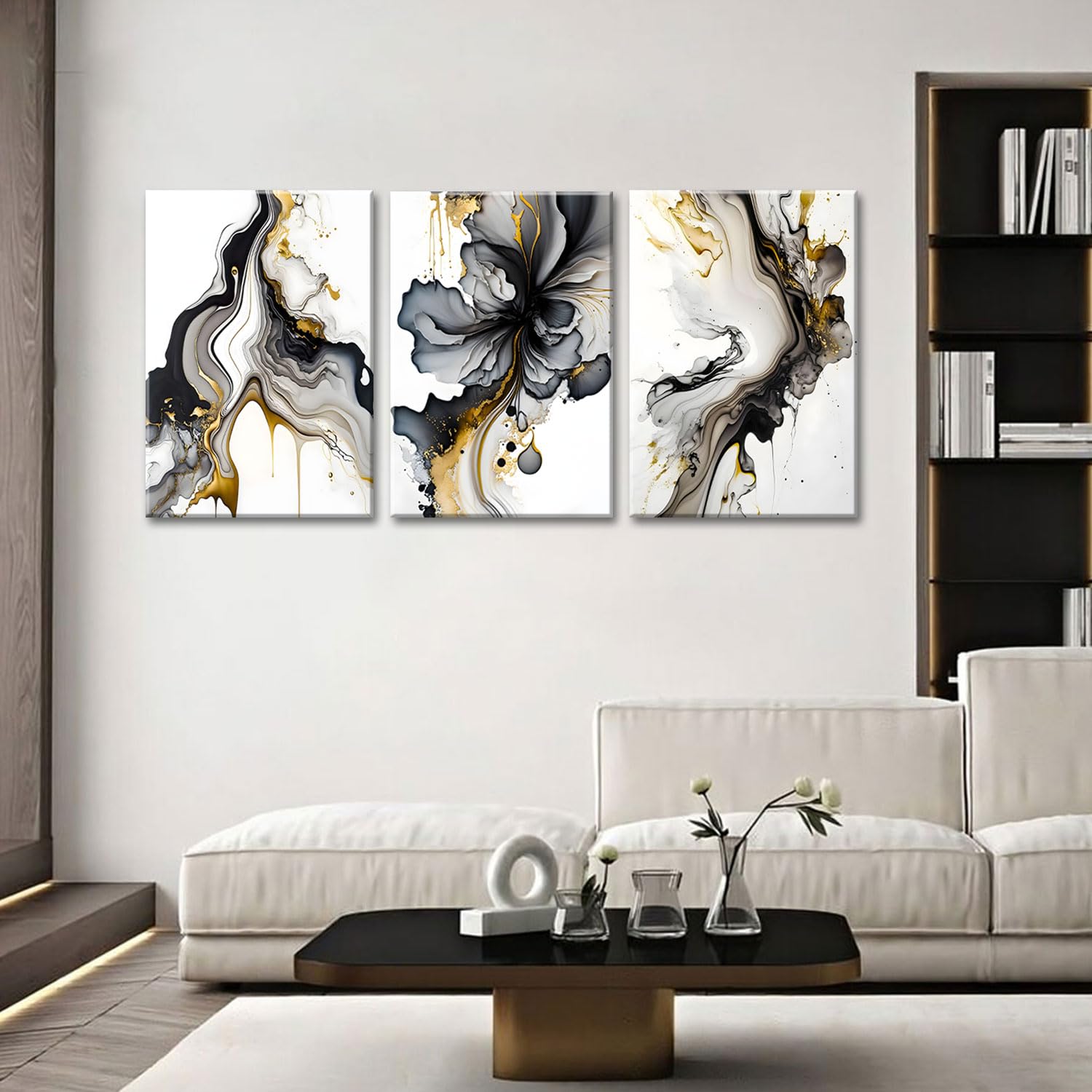 3Pcs Framed Black And Gold Abstract Wall Art, Modern Grey And Gold Marble Fluid Canvas Wall Art Prints Posters Wall Decor Pictur