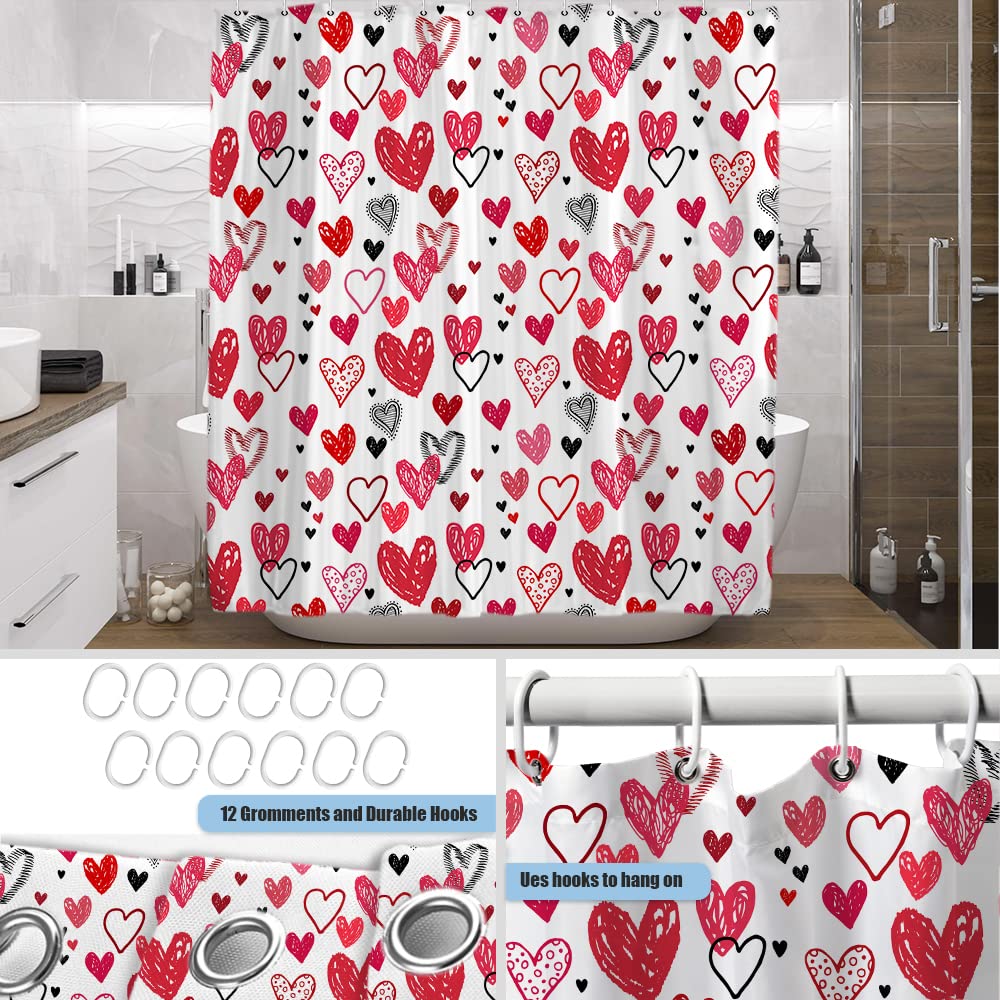 Onecmore Valentine'S Day Doodle Style Hearts Mother'S Day Shower Curtain For Bathroom Decor Romantic Red Pink Black Printed Draw