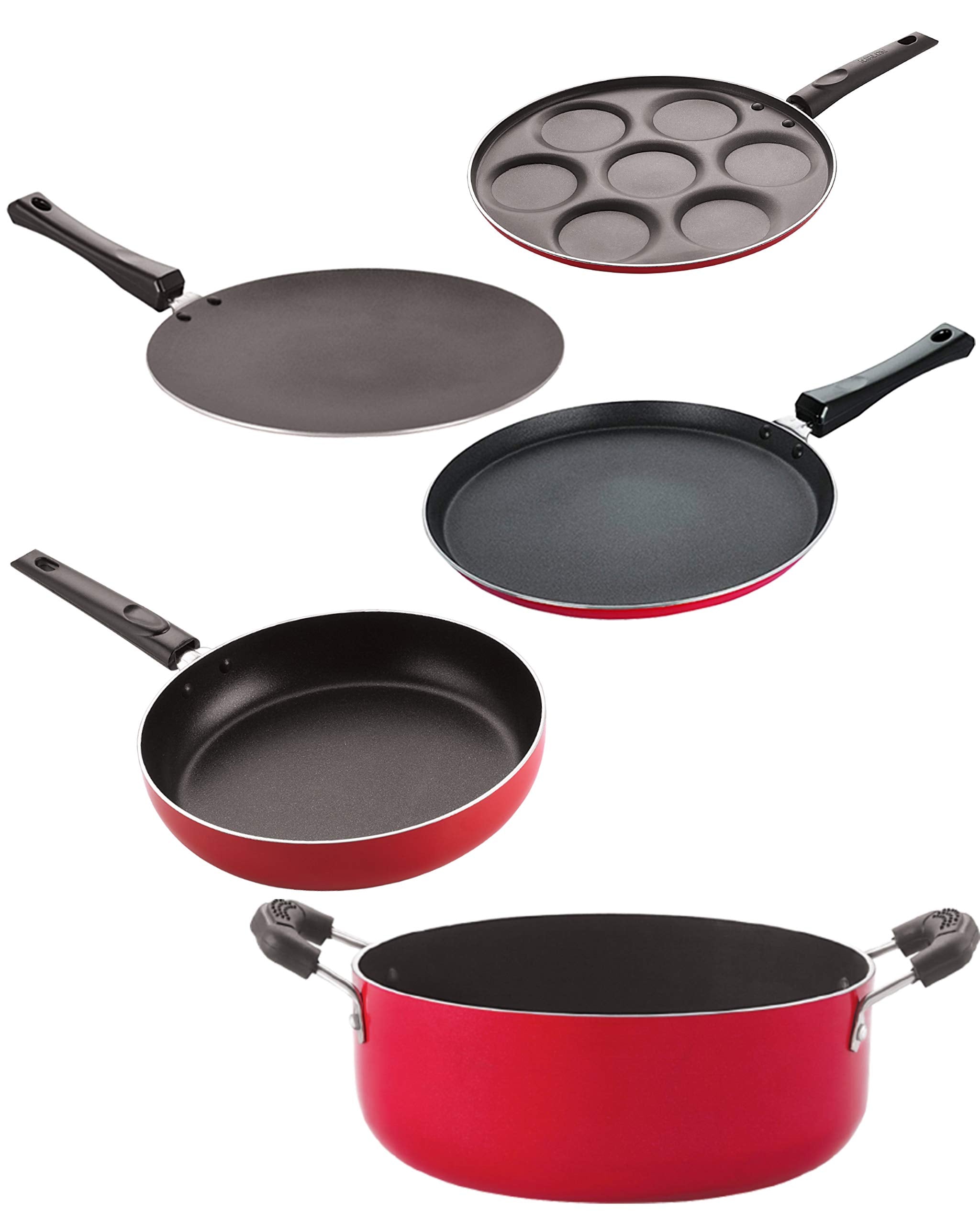 Nirlon 3 Layer Coated Non Stick Aluminium Pots And Pans Cooking Item Gift Set Of 5 Pieces (2.6Mm_Ct_Fp12_Up_Cass22_Ft12)