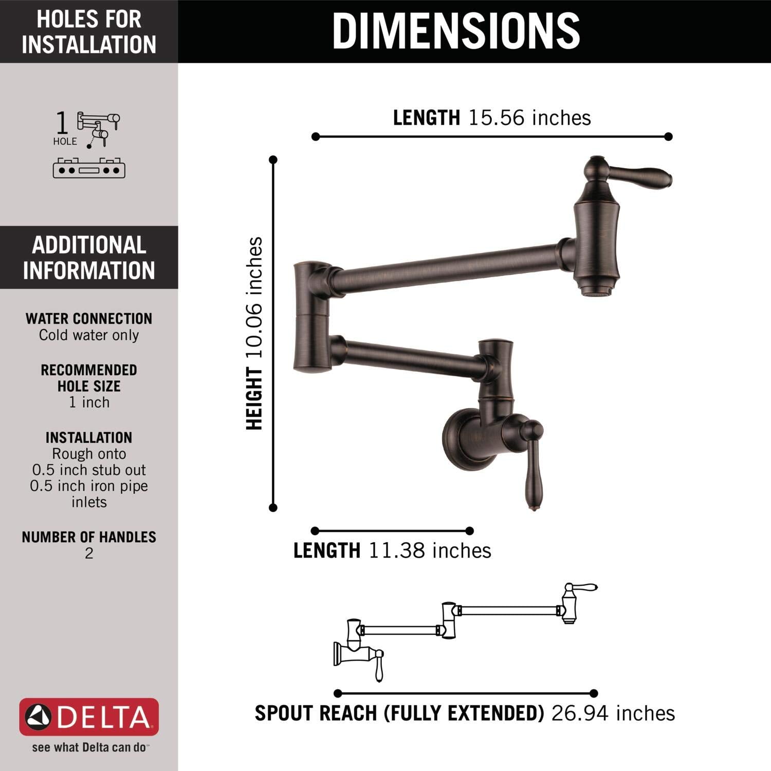 Delta Faucet Traditional Oil Rubbed Bronze Pot Filler Faucet  Delta Pot Filler Oil Rubbed Bronze  Farmhouse Pot Filler Faucet Wall Mount  Potfiller  Brass Construction  Venetian Bronze 1177LF-RB