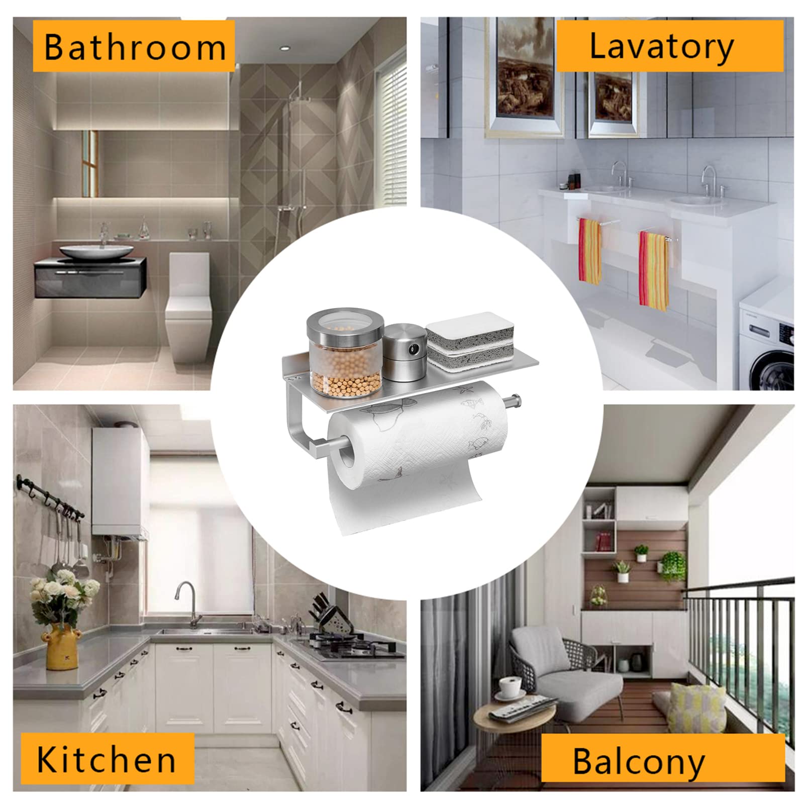 BESy Adhesive Paper Towel Holder Wall Mounted for Kitchen 13 in  Bathroom Tissue Roll Hanger with Storage Shelf  Space Aluminum  Self Adhesive with Glue or Wall Mount with Screws  Dull Polished Silver