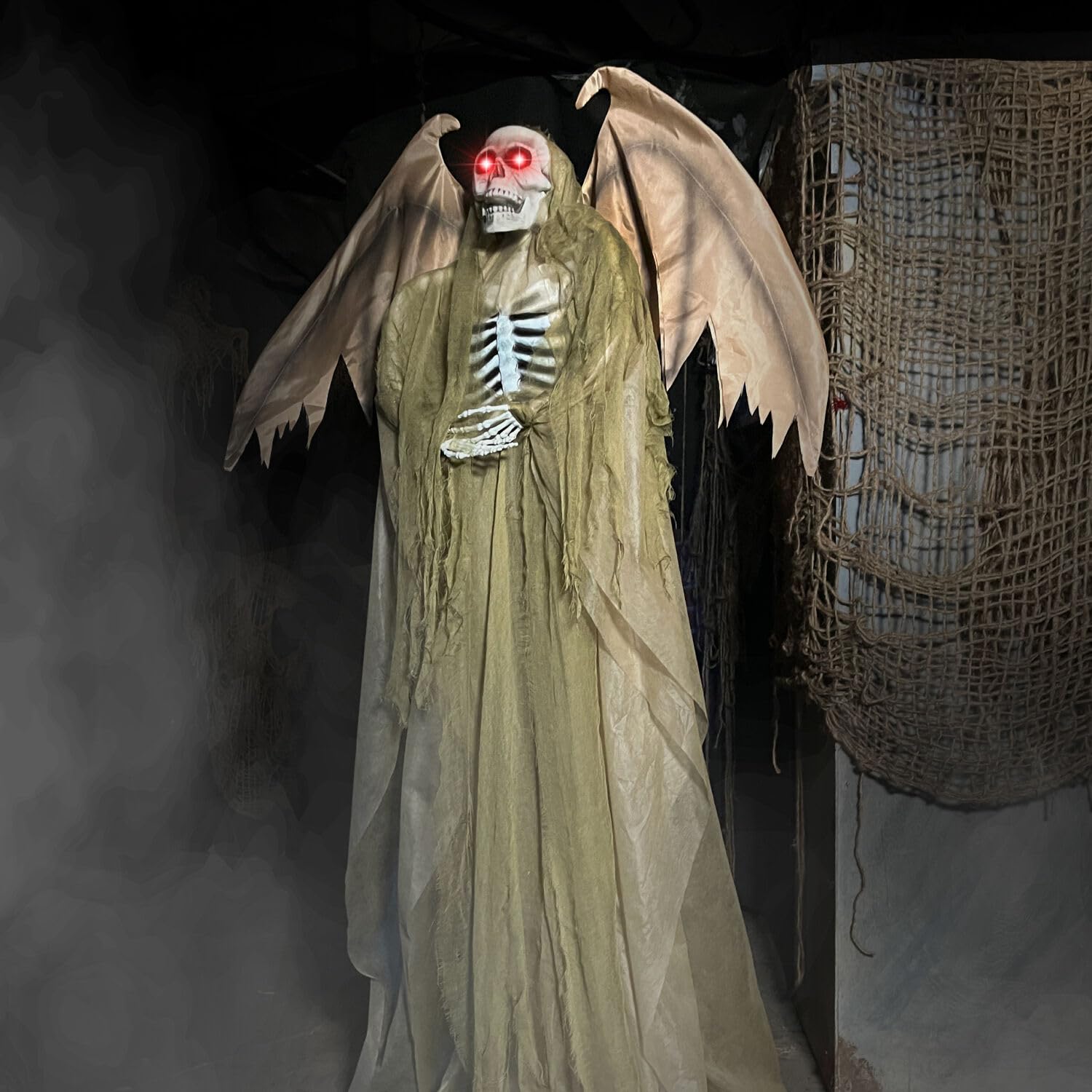 Haunted Hill Farm Lifesize Animatronic Scary Reaper with Wings with Touch Activated Lights and Sound, Battery-Operated Indoor or