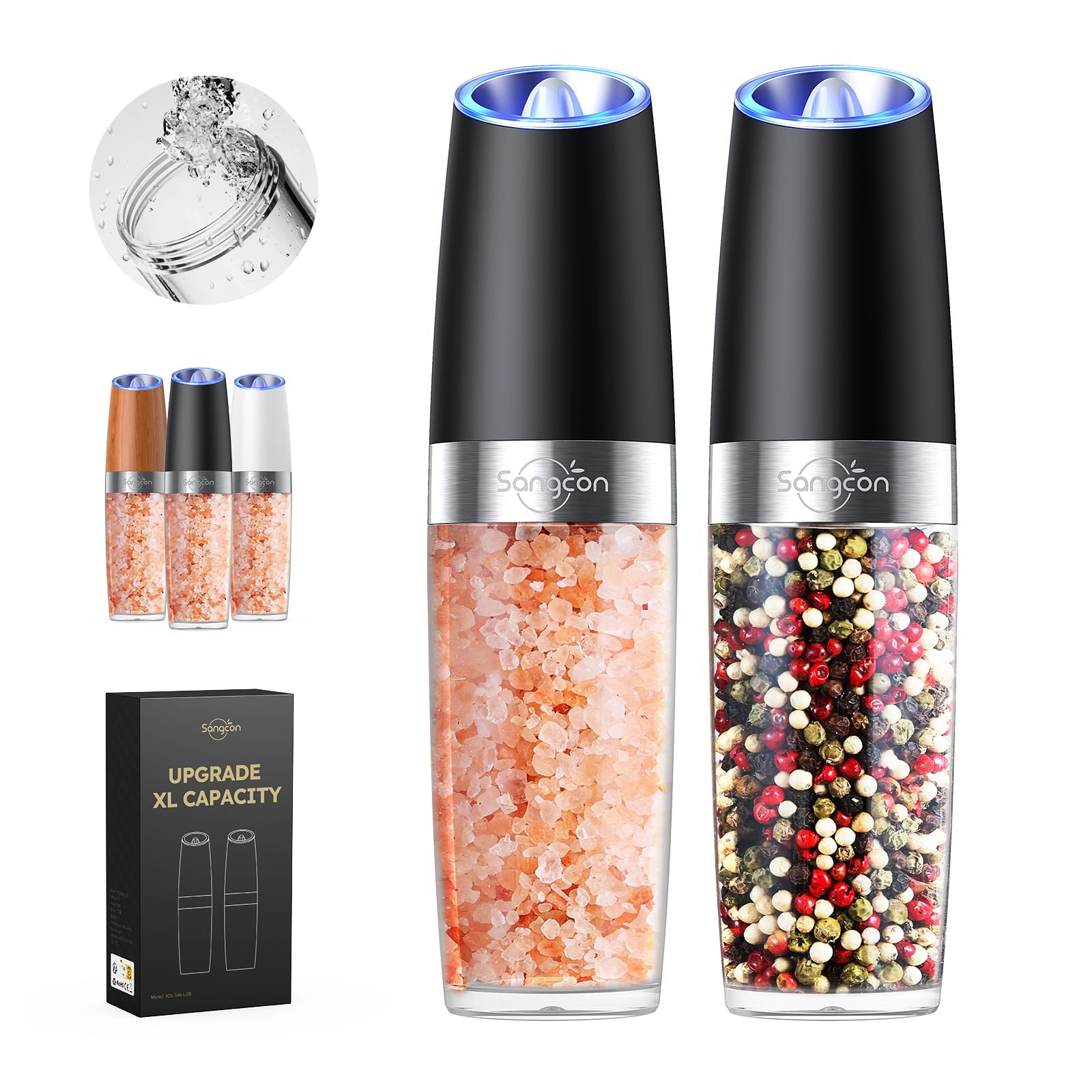 Sangcon Gravity Electric Salt And Pepper Grinder Set Shakers Upgraded 9Oz Xl Capacity Battery Powered Refillable Automatic One H