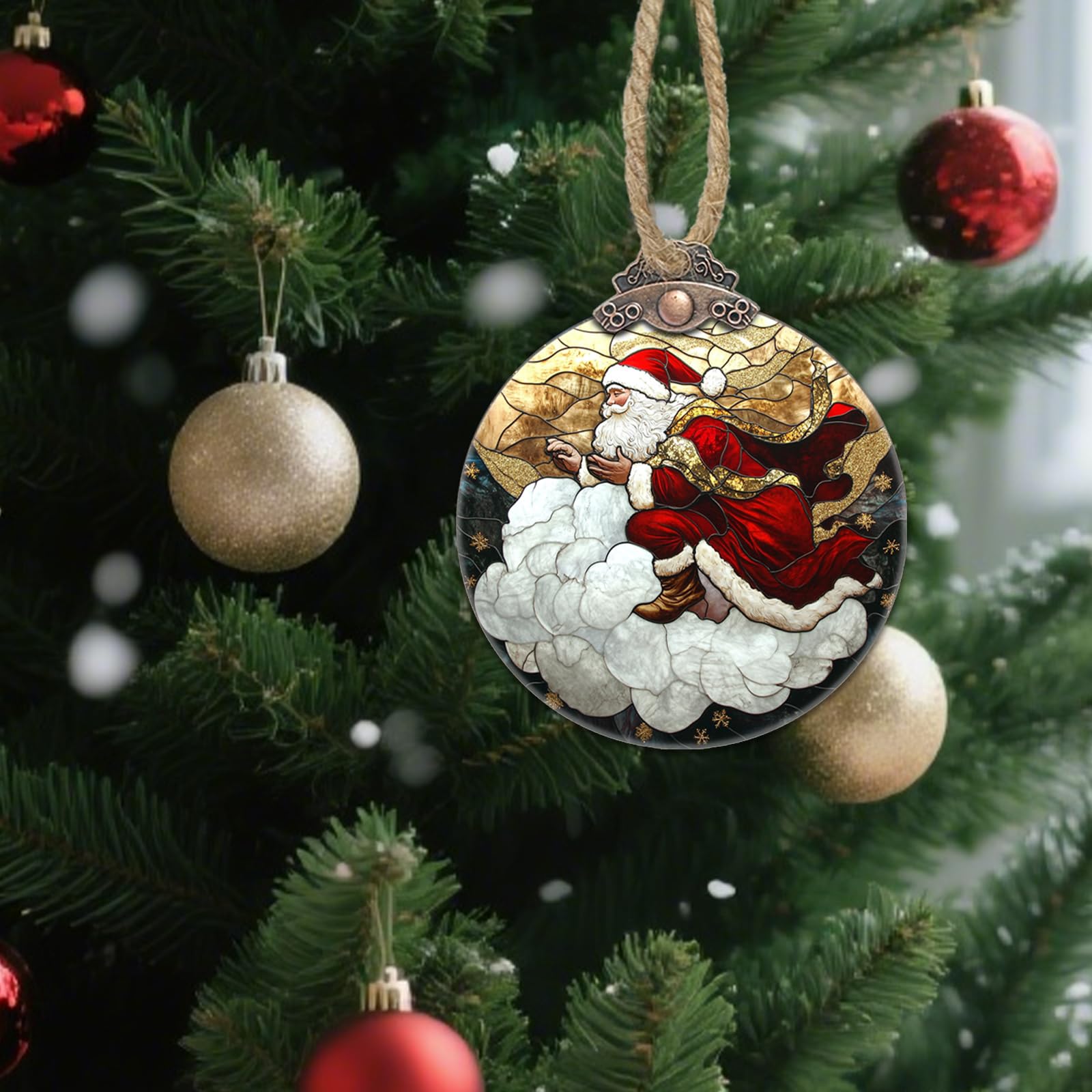 DASTOLL Stained Glass Christmas Decorations, Santa Claus Riding A Cloud Suncatcher for Window Christmas Tree Hanging Ornaments G