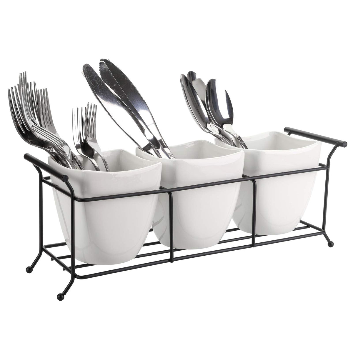 Bekith 3-Piece Ceramic Flatware Caddy With Metal Rack, Utensil Holder Silverware Caddy Cutlery Organizer, White