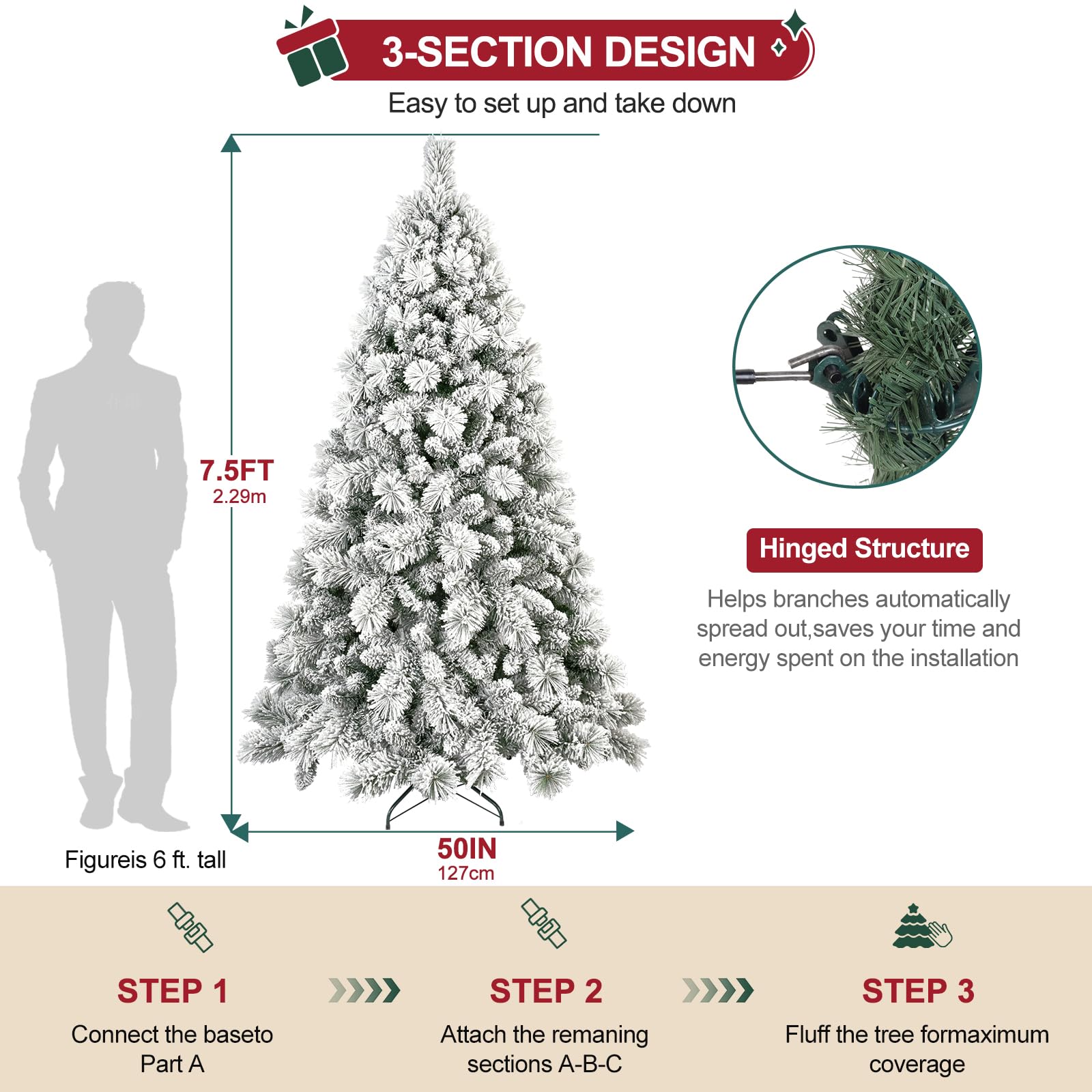 Flocked Christmas Tree 7.5ft, Christmas Tree -Full Christmas-Trees Snow Xmas Trees