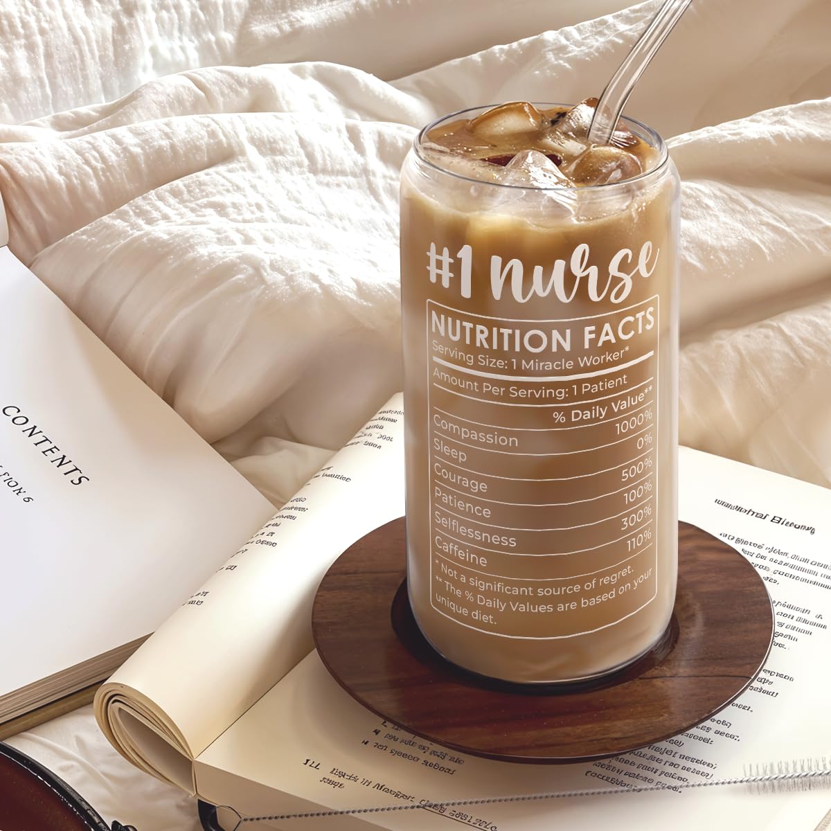 SANDJEST Nurse Glass Can, Nutrition Facts Cup with Lid & Straw, Iced Coffee Aesthetic Cups, Idea Gift for Christmas Birthday Nur