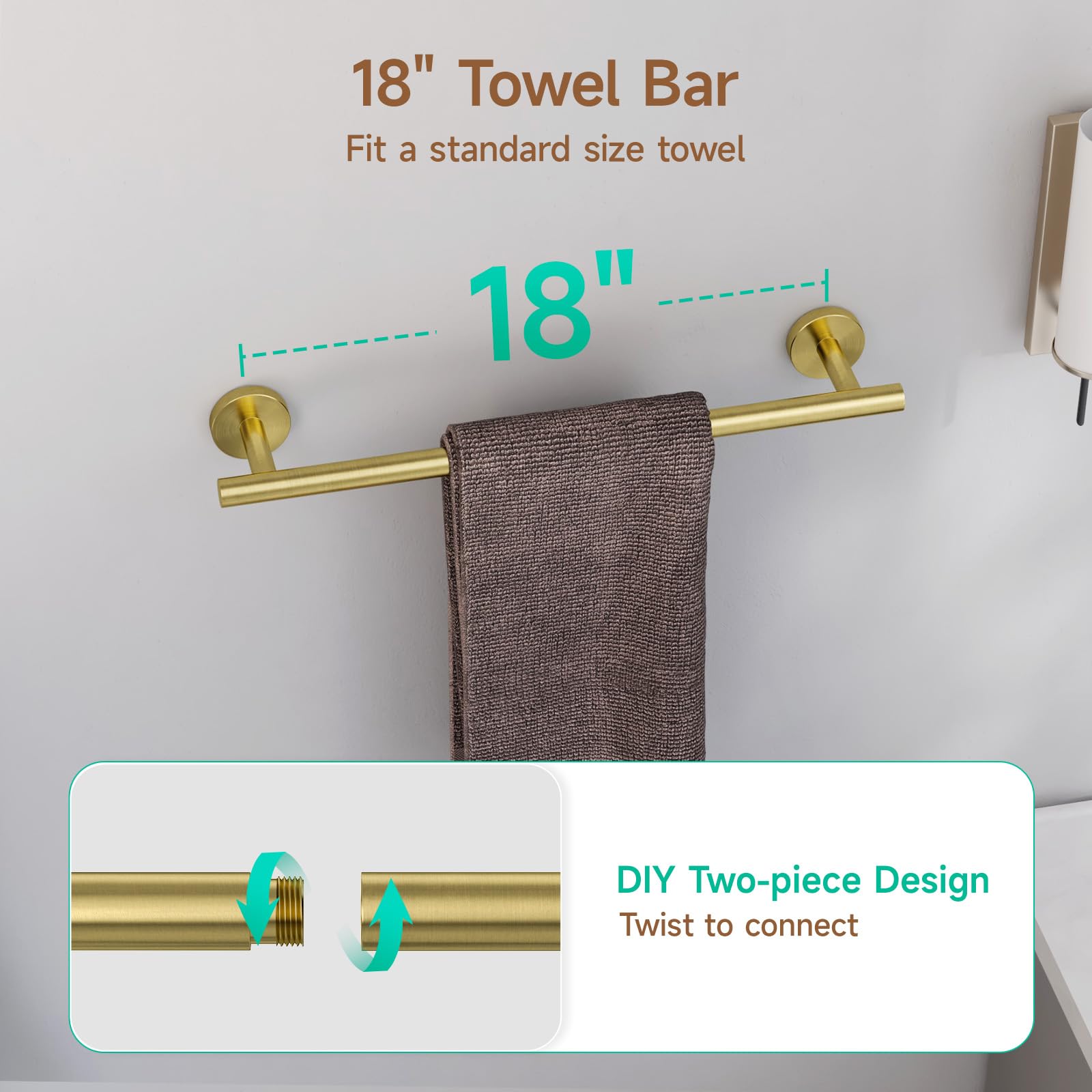 Ushower Brushed Gold Bathroom Accessories Set, 18-Inch Towel Bar Set Wall Mounted, Durable Sus304 Stainless Steel Bathroom Hardw