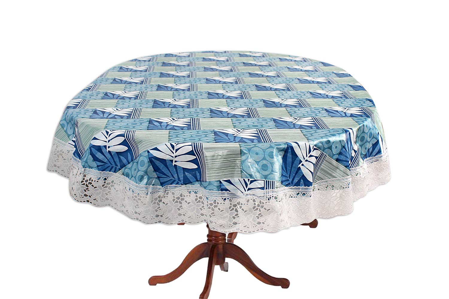 Stylista Plastic Surface Pattern 4 Seater Oval Dining Table Cover with Border Lace (White, Blue, 54x78 inches, Pack of 1)