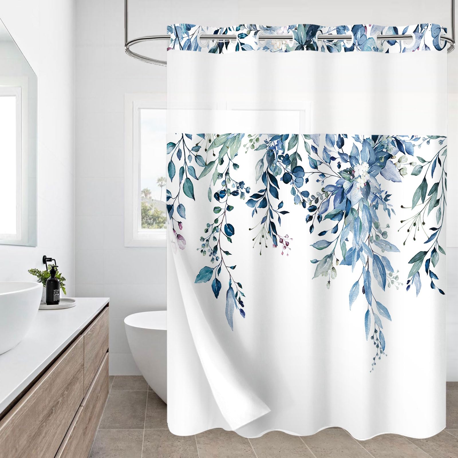 Gibelle No Hook Shower Curtain With Snap-In Fabric Liner Set For Bathroom, Hotel Style Blue Eucalyptus Leaves Shower Curtain Wit