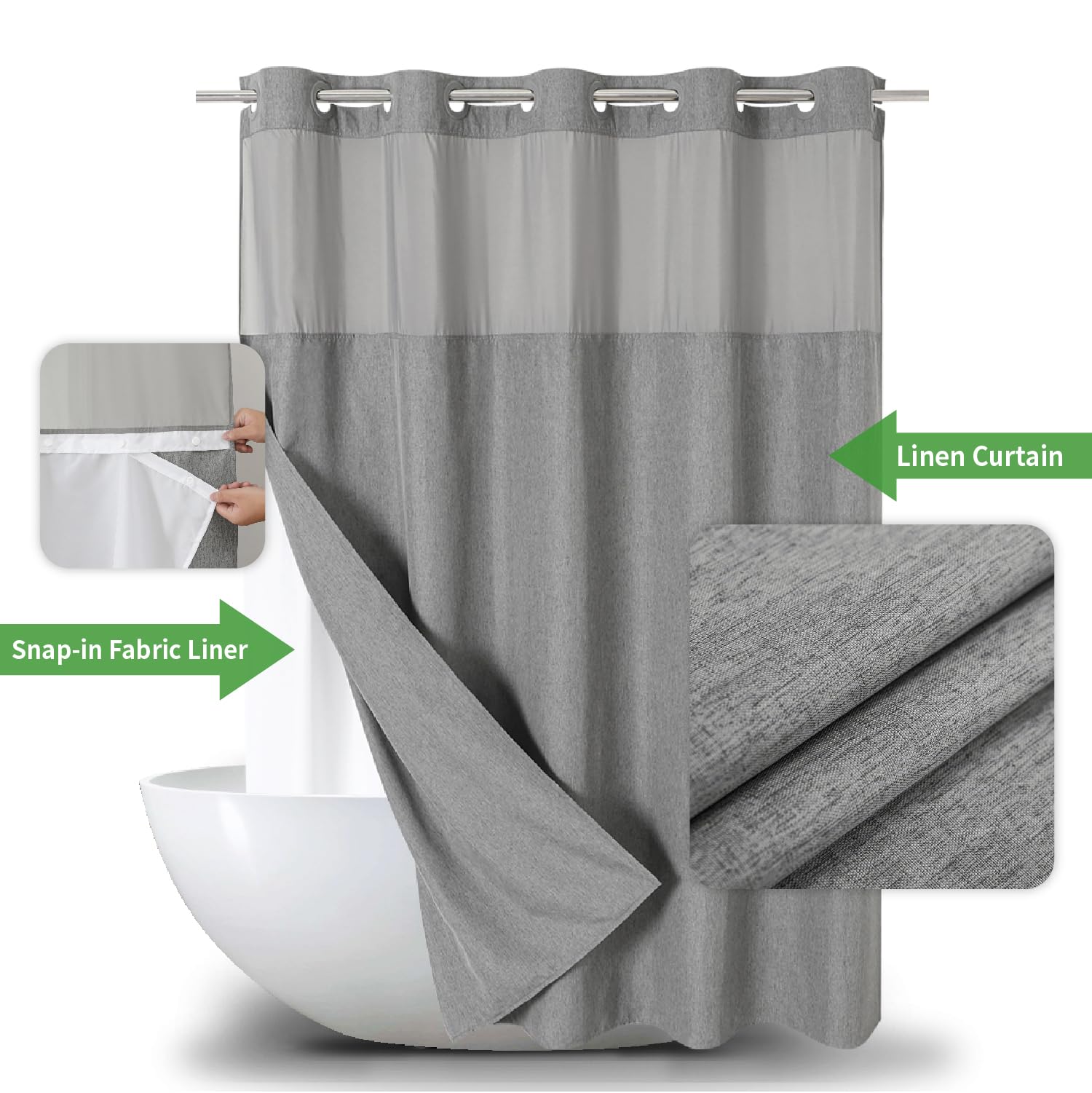 Eachope No Hooks Needed Linen Textured Shower Curtain With Snap-In Fabric Liner Set,Grey Hotel Luxury Decor Shower Curtains For