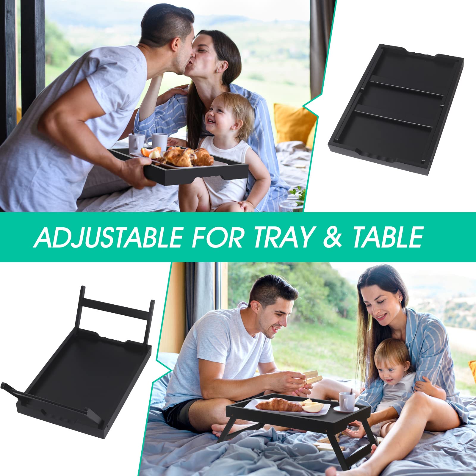 Artmeer Bed Tray Table With Folding Legs,Bamboo Breakfast In Bed For Tv Table, Laptop Computer Tray,Eating,Snack Tray(Black)