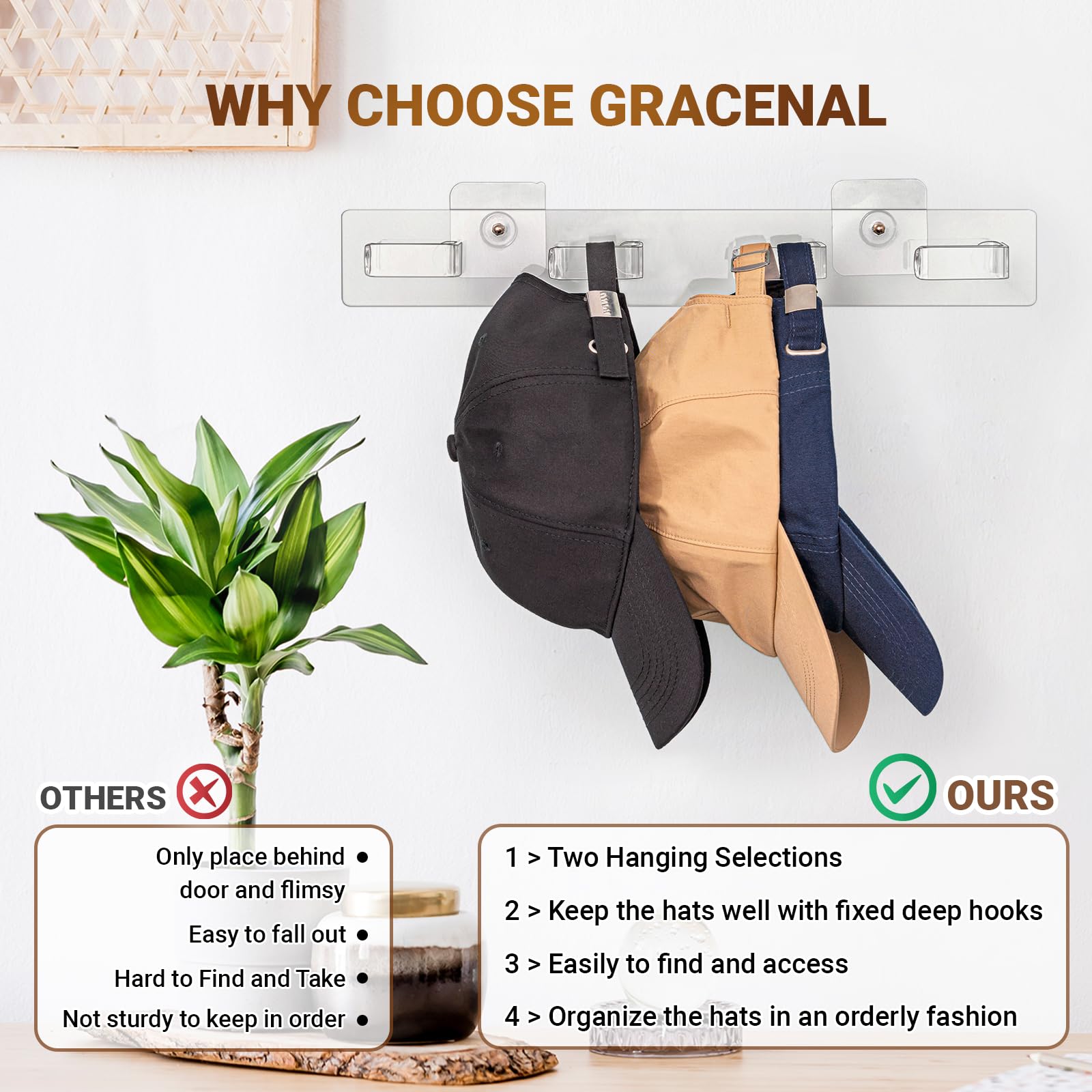 Gracenal Acrylic Hat Organizer 2 Packs, Hat Rack For 16 Hat Holder, Bathroom Towel Wall Hooks Heavy Duty, Self-Adhesive & Dirlle