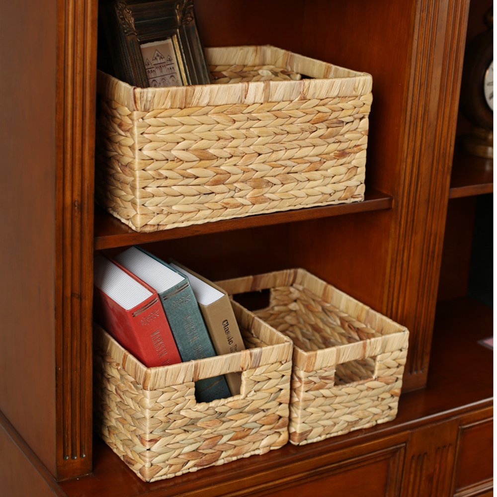 Storage Baskets,Woven Natural Water Hyacinth Box With Handle,Kingwillow.(Set Of 3)