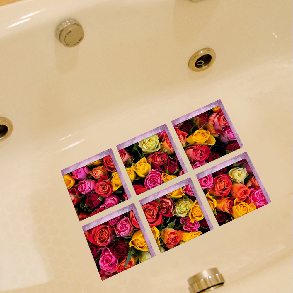 ChezMax Bath Treads Stickers Flower Pattern Square 3D Adhesive Anti Slip Tub Tattoos Safety Decals Mat Waterproof Shower Tub Sticker Bathtub Appliques for Bath Pools Home Decor 6 Pcs 5.9'' X 5.9''