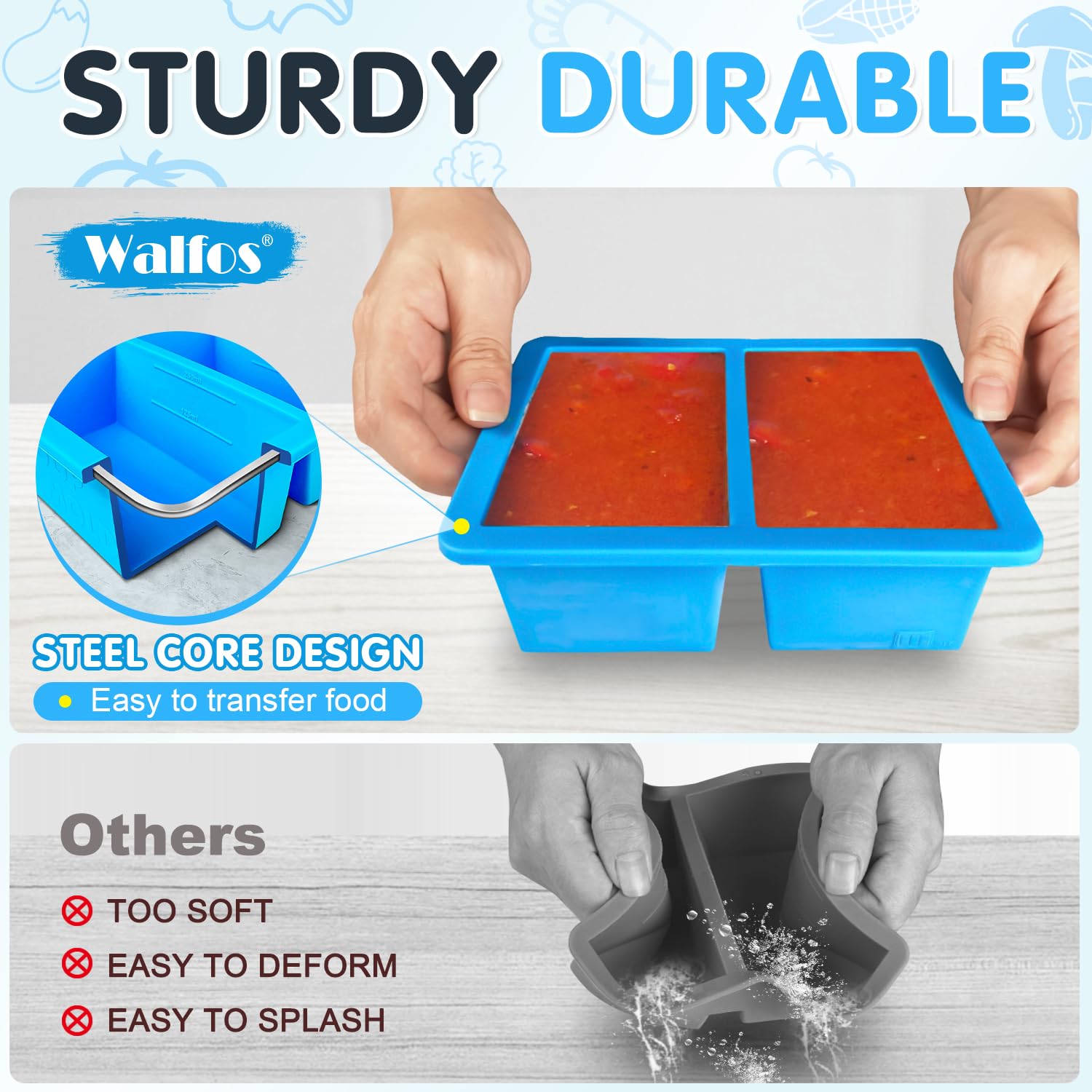 Walfos Silicone Soup Freezer Container, 1-Cup Cube Tray with Lid, 3 Pcs, Ideal for Freezing Soup, Broth, and Sauce