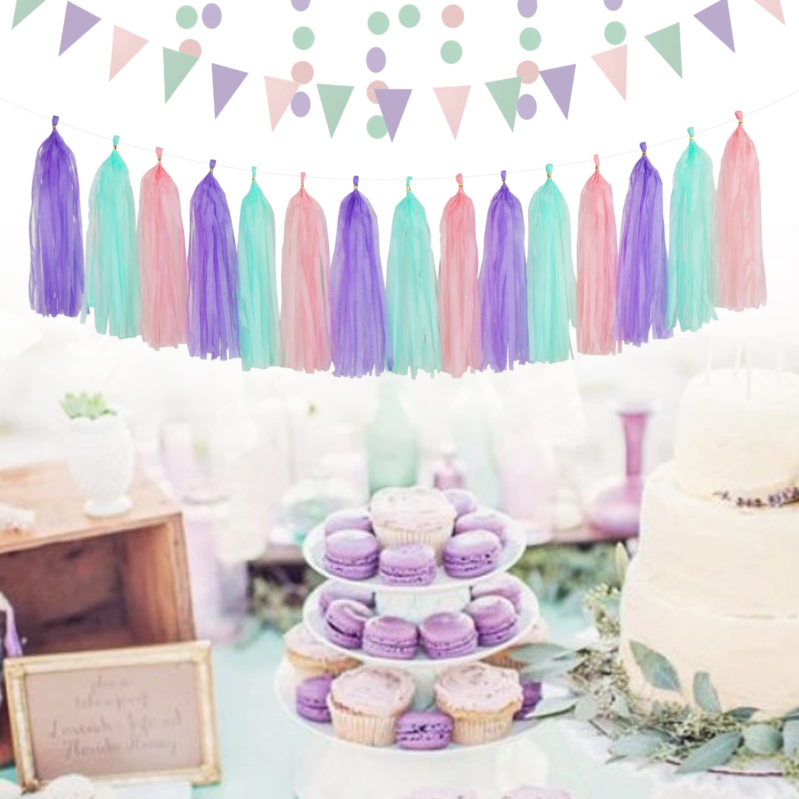 Pink-Purple Mint Mermaid Ocean-Themed Party-Decorations - 15pcs Tassel Garland Streamers Wedding Birthday Engagement Baby Bridal