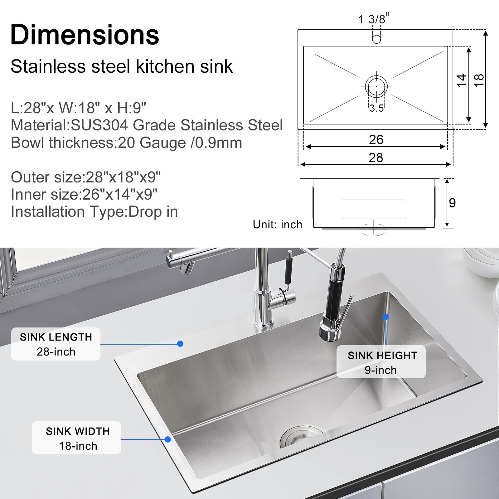 MENATT 28 Inch Drop-in Kitchen Sink  304 Stainless Steel Topmount Handmade Kitchen Sink  Single Bowl Workstation Sink with Drain Kit (Brushed)  28''x18''x9''