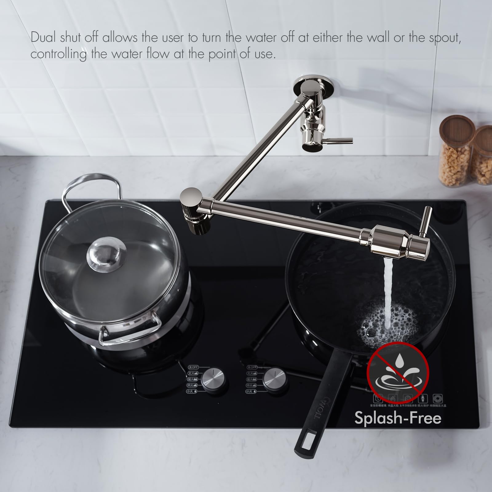 Bagnolux Polished Nickel Pot Filler Faucet, Traditional Pot Filler Wall Mount Kitchen Faucet Brass 2 Handles With Double-Jointed