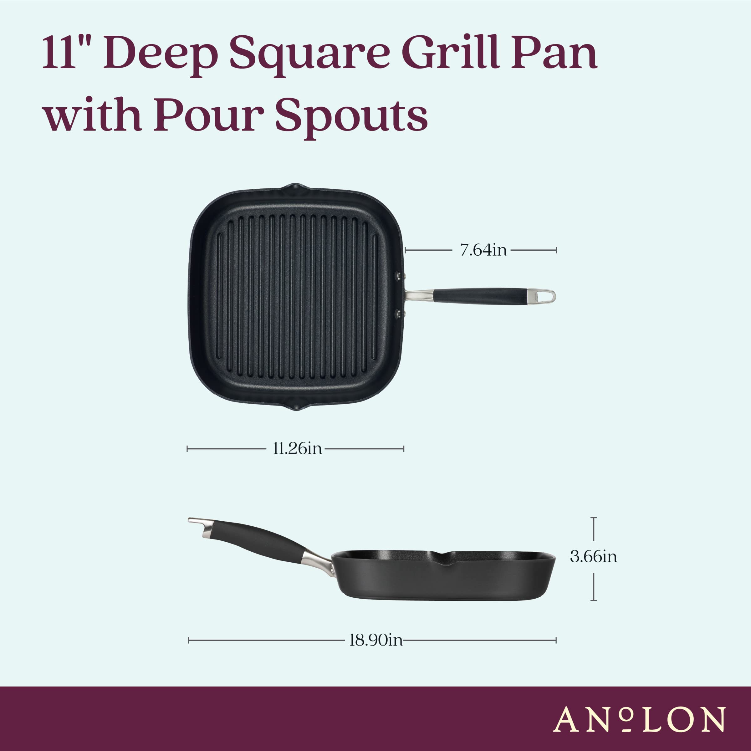 Anolon Advanced Home Hard Anodized Nonstick Deep Square Grill/Griddle Pan With Pour Spouts, 11 Inch, Onyx