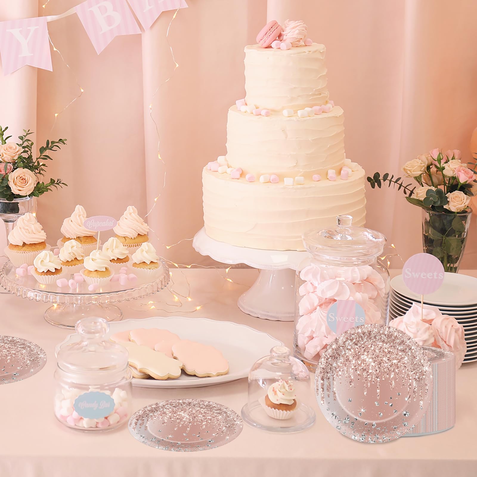 Zoiiwa 48 Pcs Rose Gold Birthday Plates Pink Rose Gold Paper Dinner Dessert Plates For Girls Women Diamond Theme Party Pink Rose
