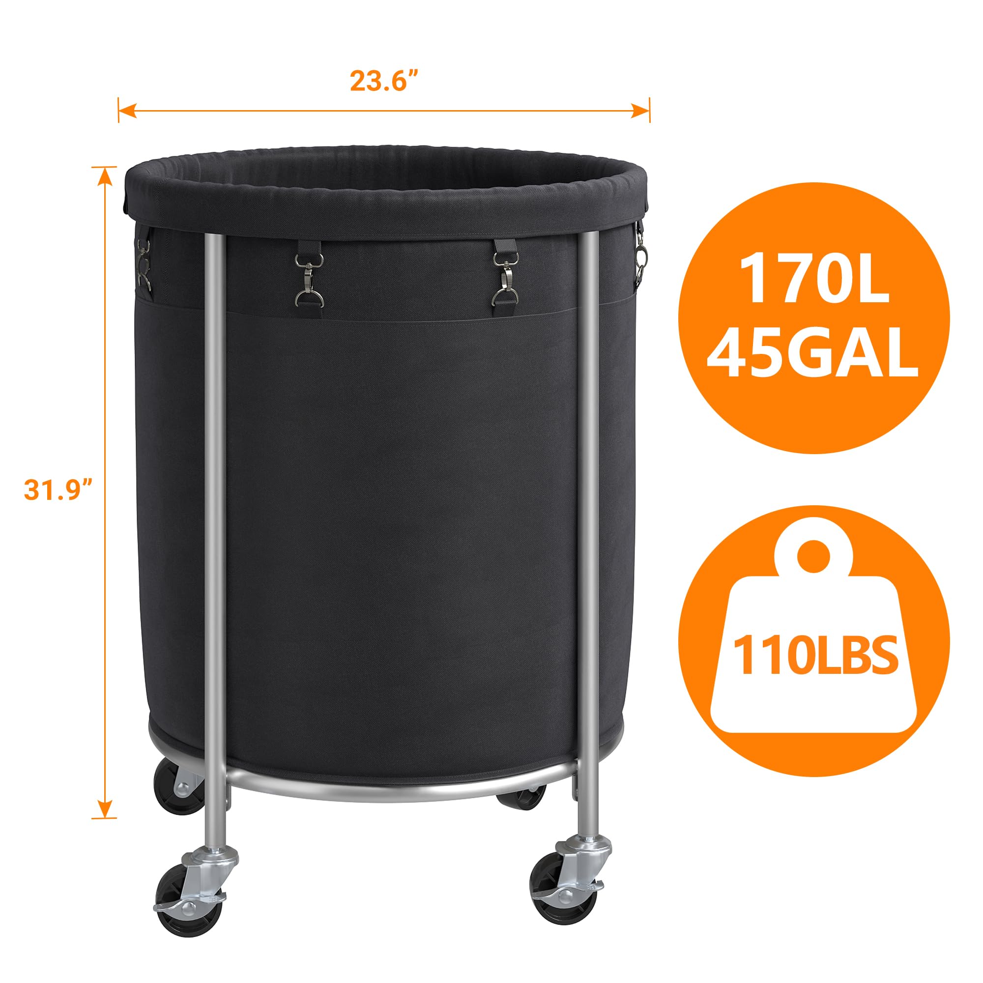 Elyken Laundry Hamper On Wheels, 23.6'' Diameter 170L Large Capacity Laundry Basket With Removable Liner Bag, Easy Rolling Cloth