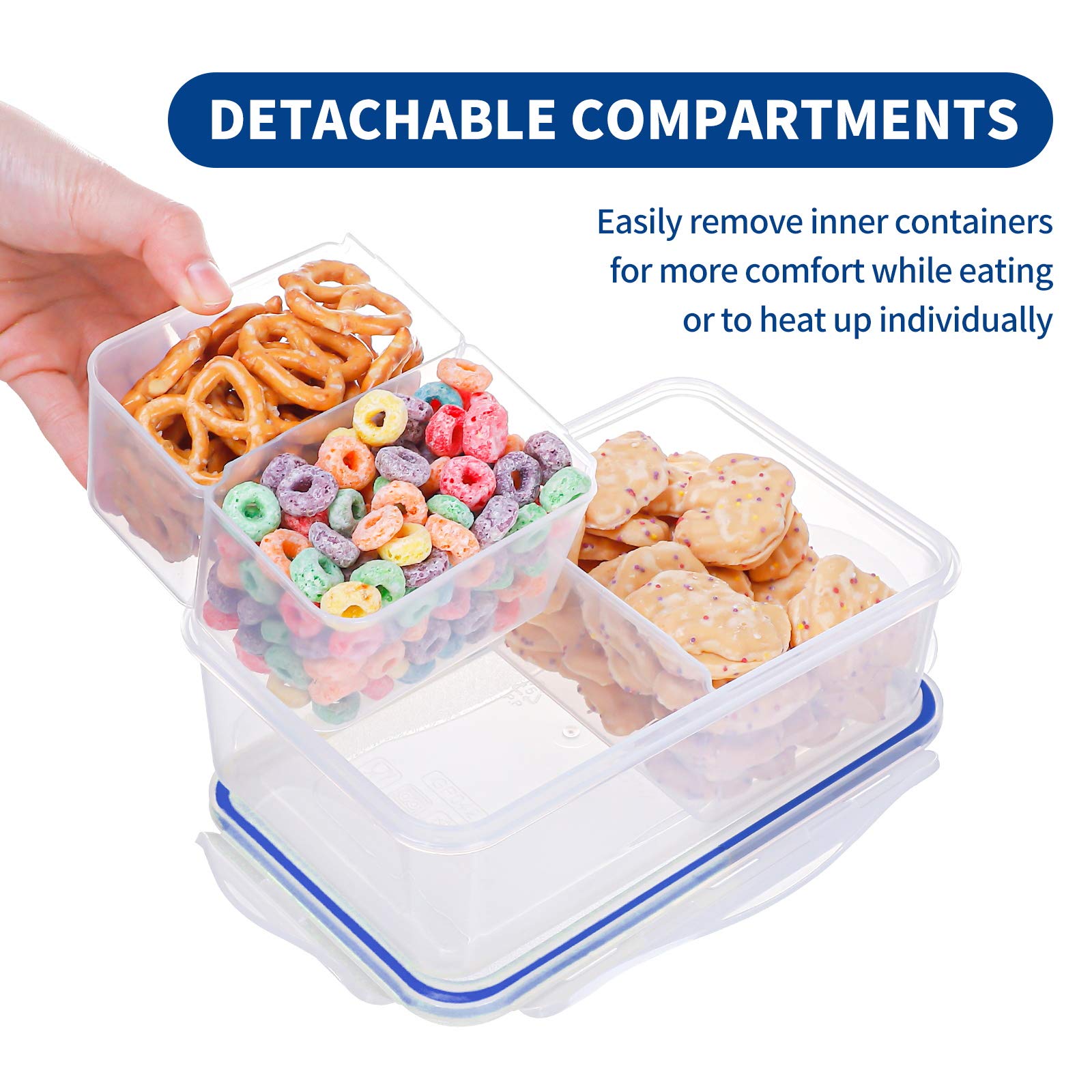 Kigi [2 Pack] 38.9Oz Rectangular Plastic Bento Box With 3 Compartments Airtight Food Storage Containers For Kitchen And Office