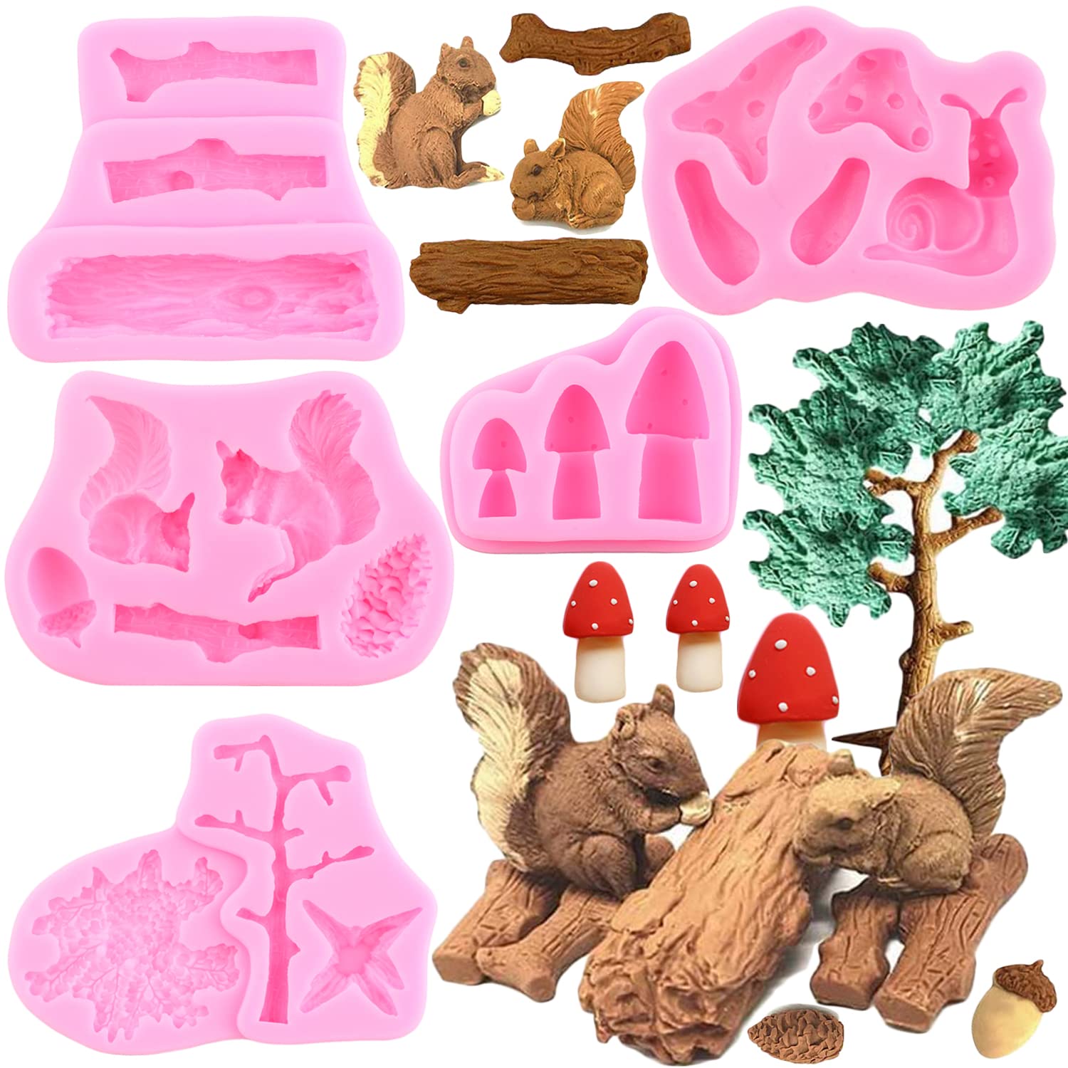 Mujiang Forest Animal Silicone Mold Squirrel Snail Mushroom Pinecone Fondant Mold Woodland Stump Tree Trunk Candy Molds For Cake
