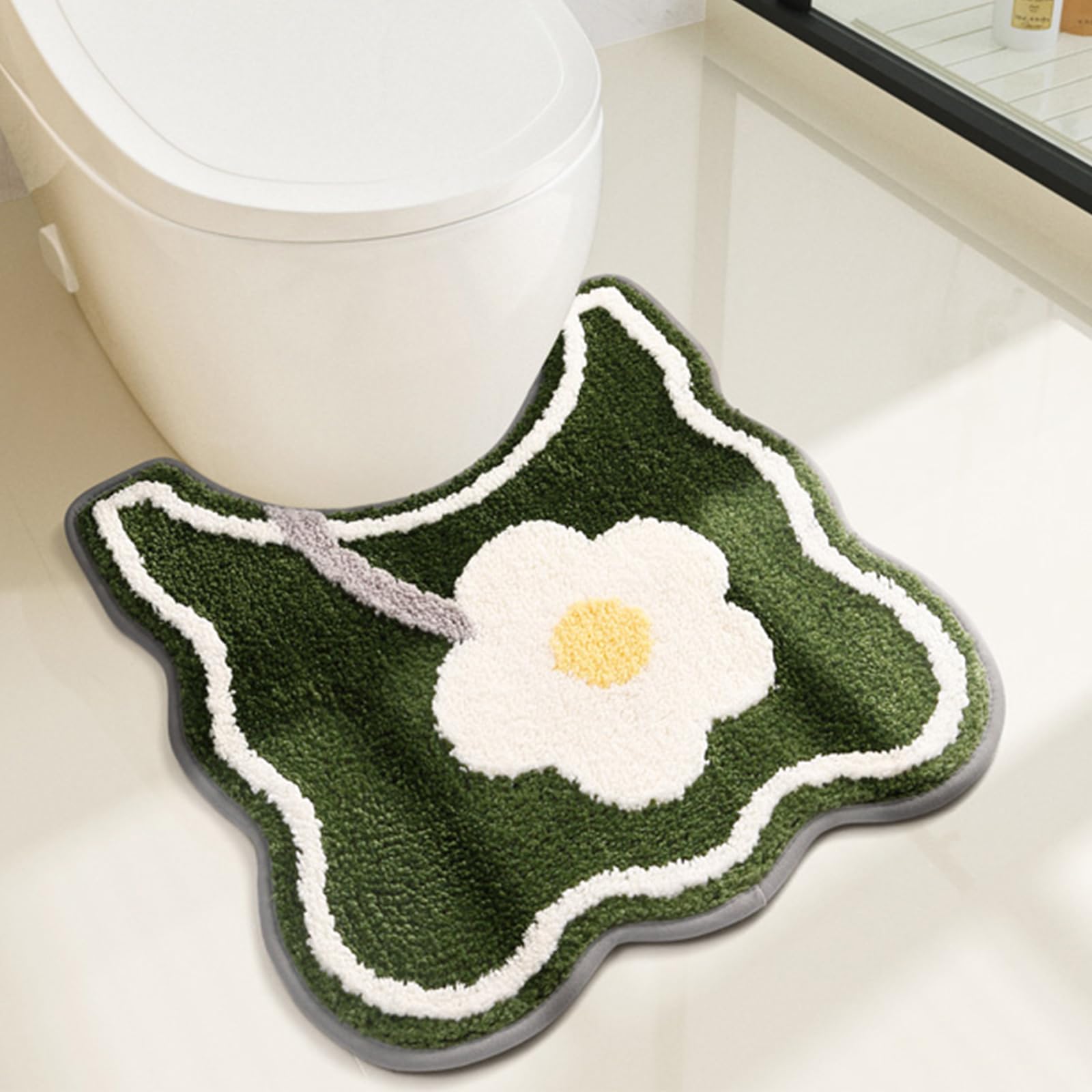 Ptaexcel Toilet Rug U-Shaped, Floral Green Non-Slip Bath Mat, Soft Plush Contour Bathroom Rug, Absorbent Microfiber Toilet Bath