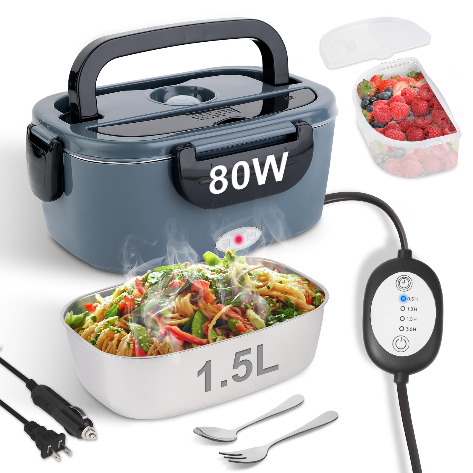 NestDin 80W Electric Lunch Box with Heating Time Controller, 1.5L Portable Food Warmer for Adults/Men/Work, 12V/24V/110V Heated 